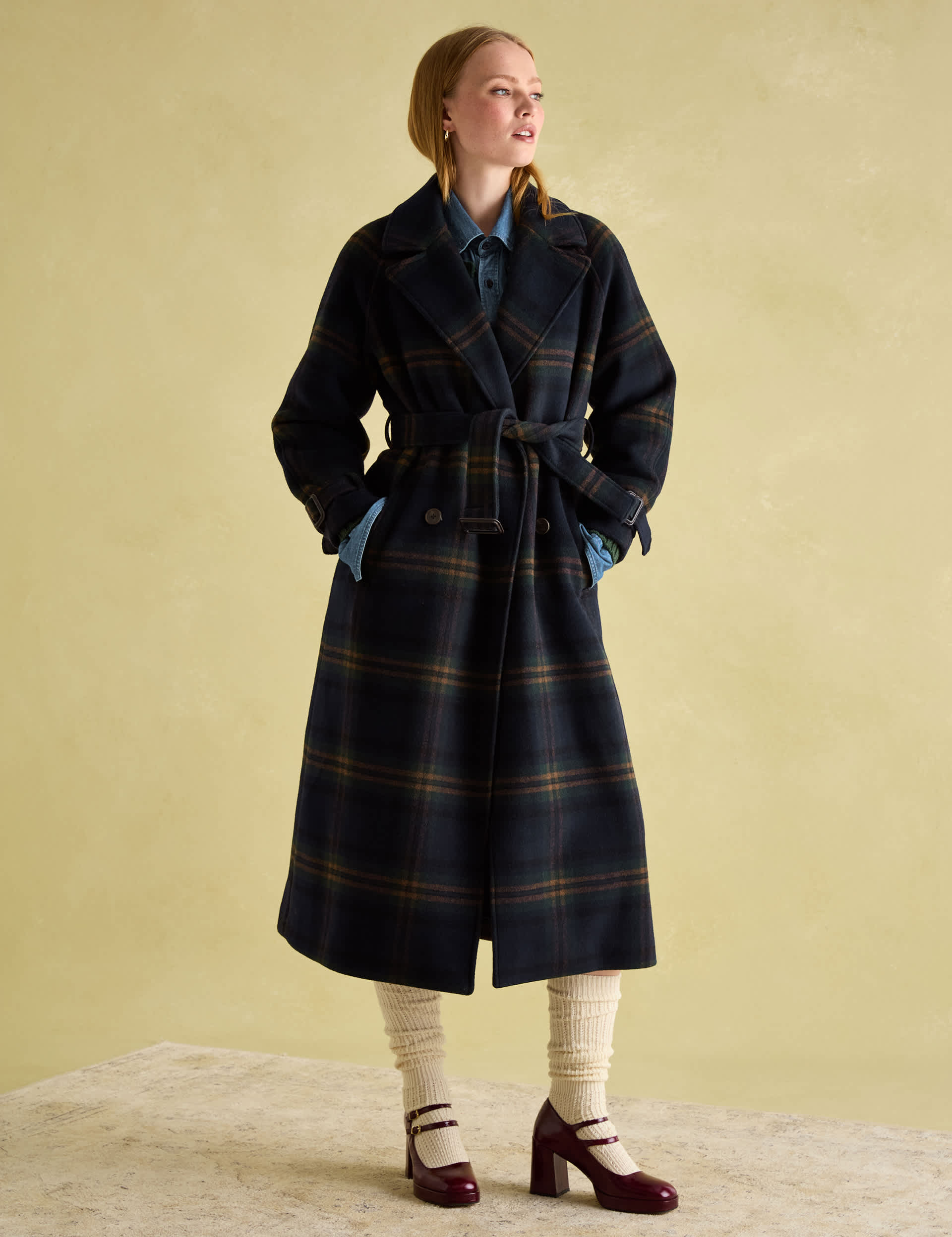 Joules Women's Wool Blend Checked Trench Style Coat - M - Navy Mix, Navy Mix