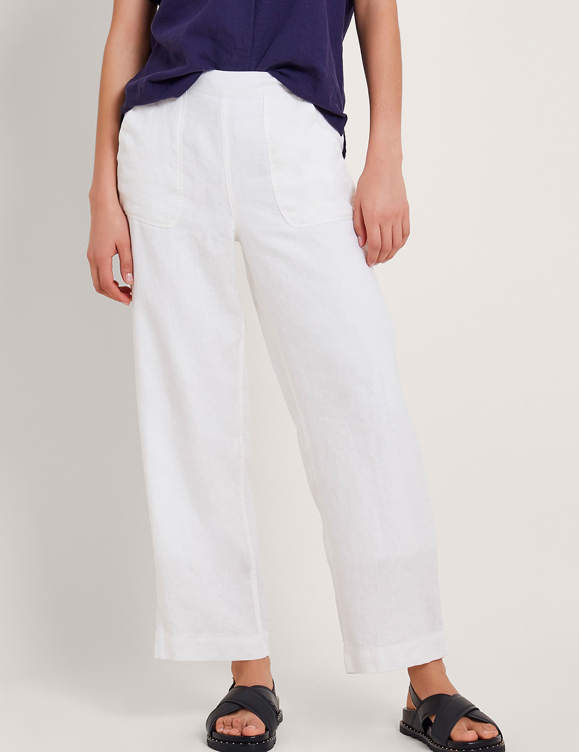 Monsoon Women's Pure Linen Straight Leg Cropped Trousers - White, White