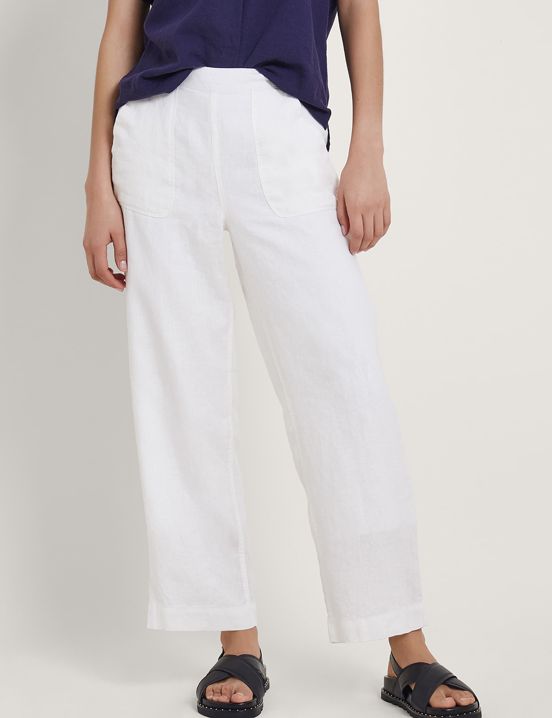 Monsoon Women's Pure Linen Ankle Grazer Trousers - White, White