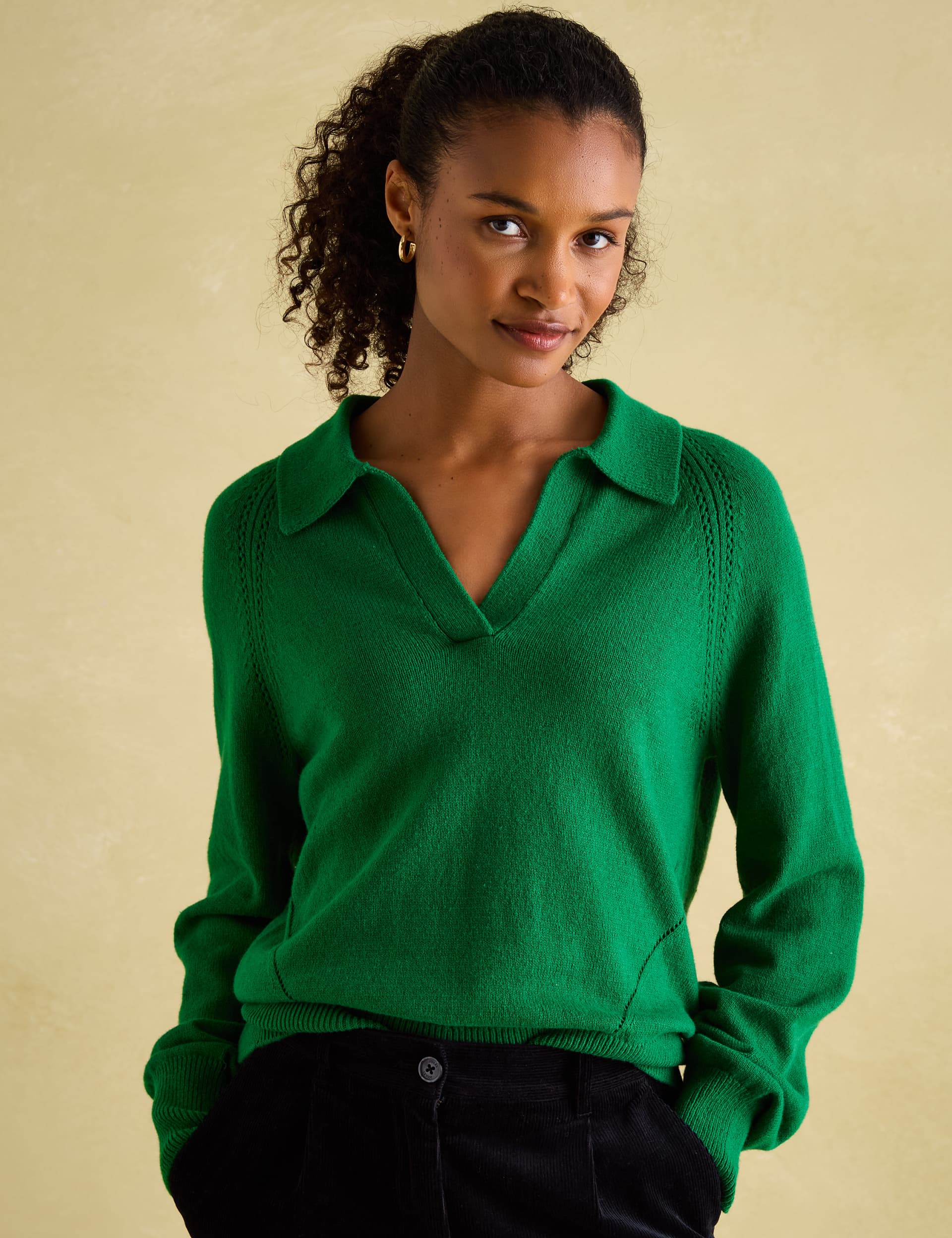 Joules Women's Pointelle Collared V-Neck Jumper with Wool - 8 - Green, Green