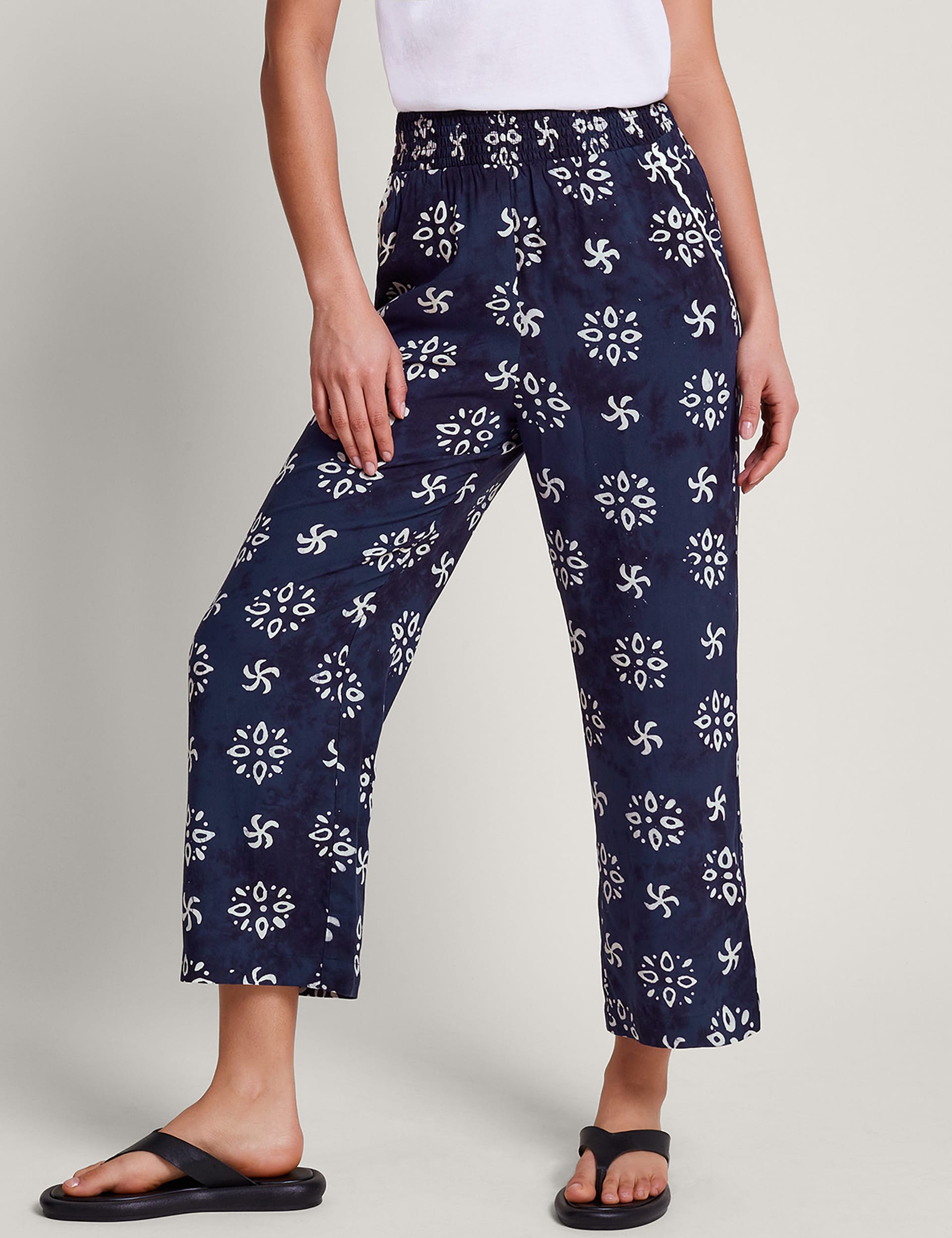 Monsoon Women's Printed Straight Leg Ankle Grazer Trousers - Navy Mix, Navy Mix