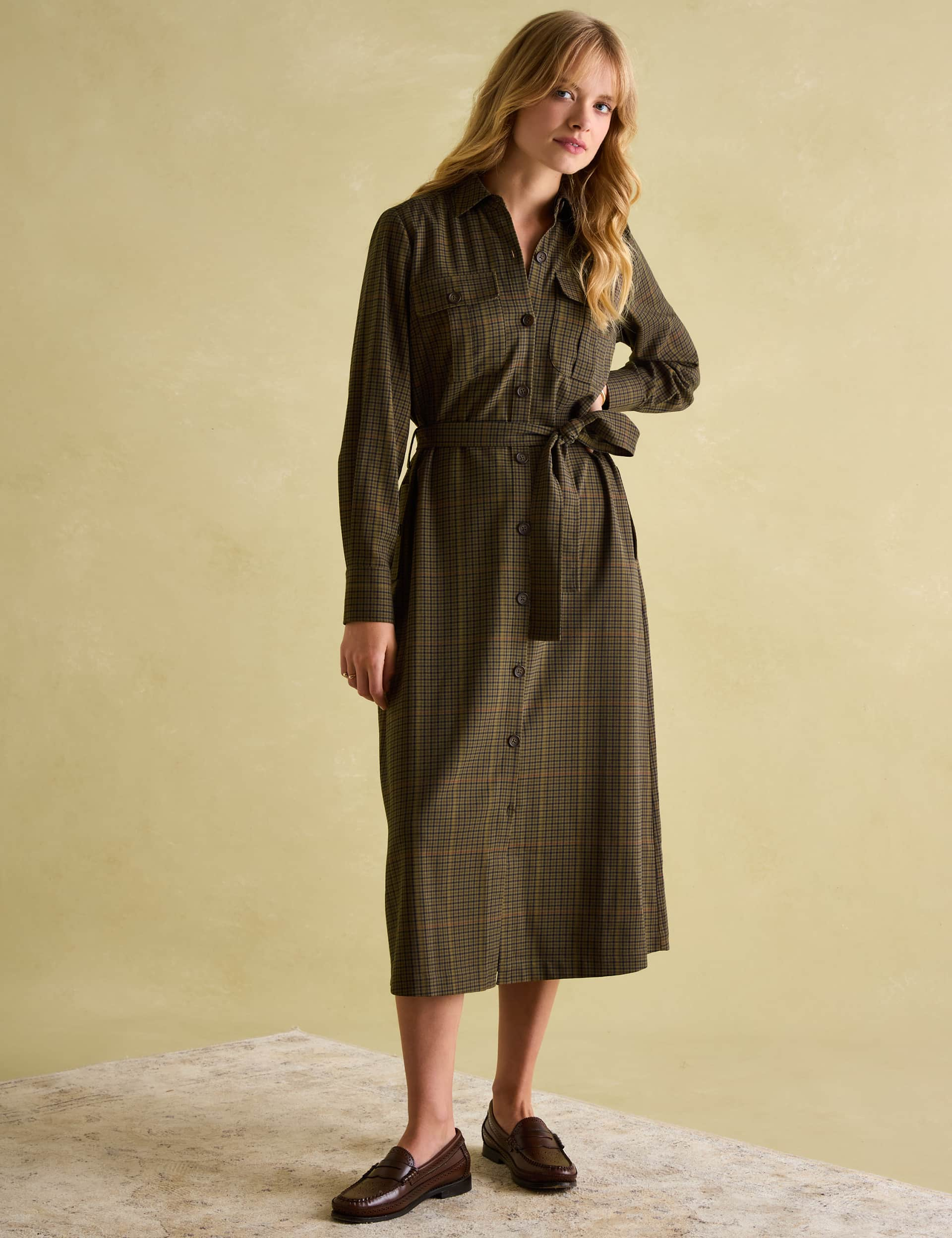 Joules Women's Cotton Rich Checked Midi Shirt Dress - 12 - Khaki Mix, Khaki Mix