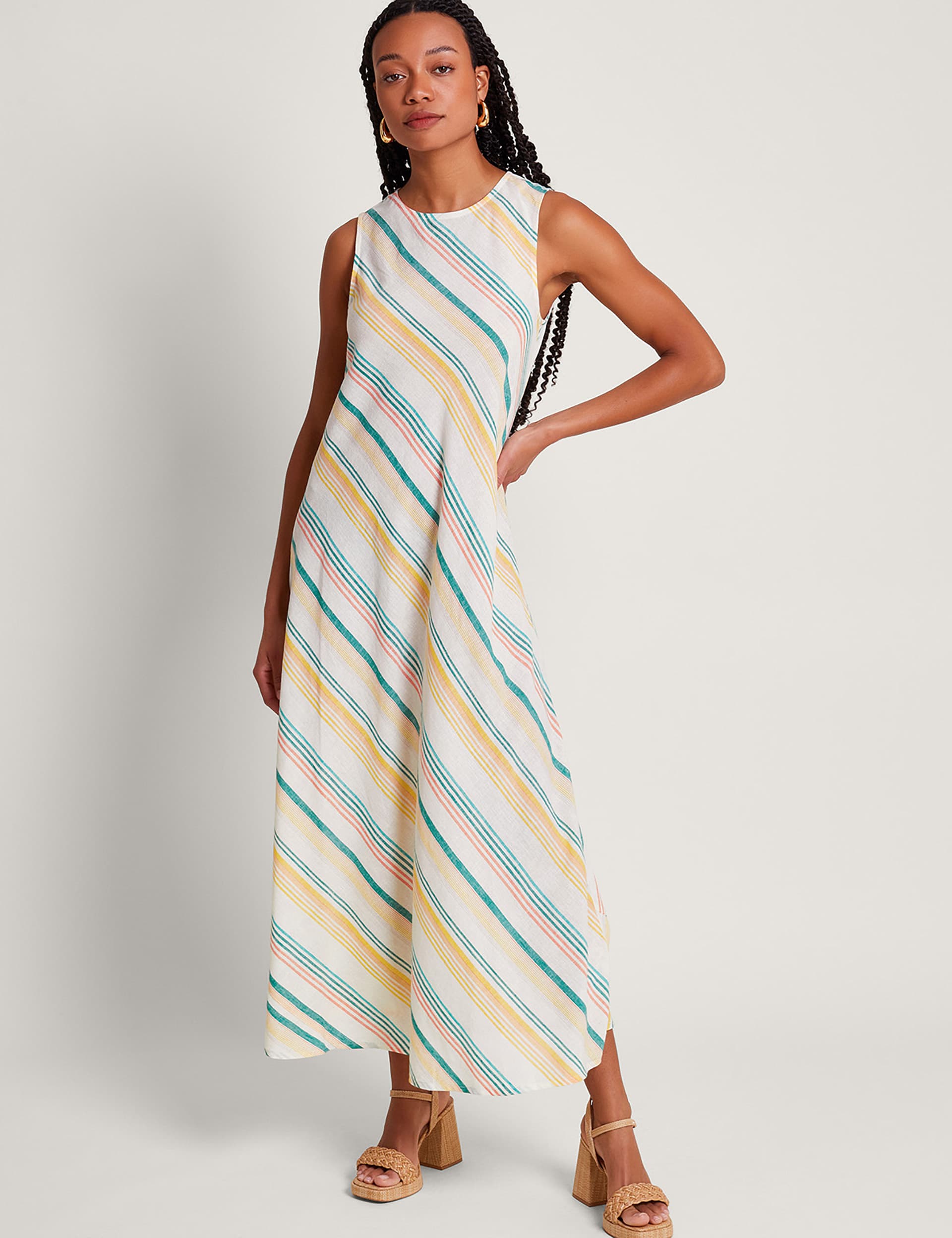 Monsoon Women's Linen Blend Striped Maxi Slip Dress - Green Mix, Green Mix