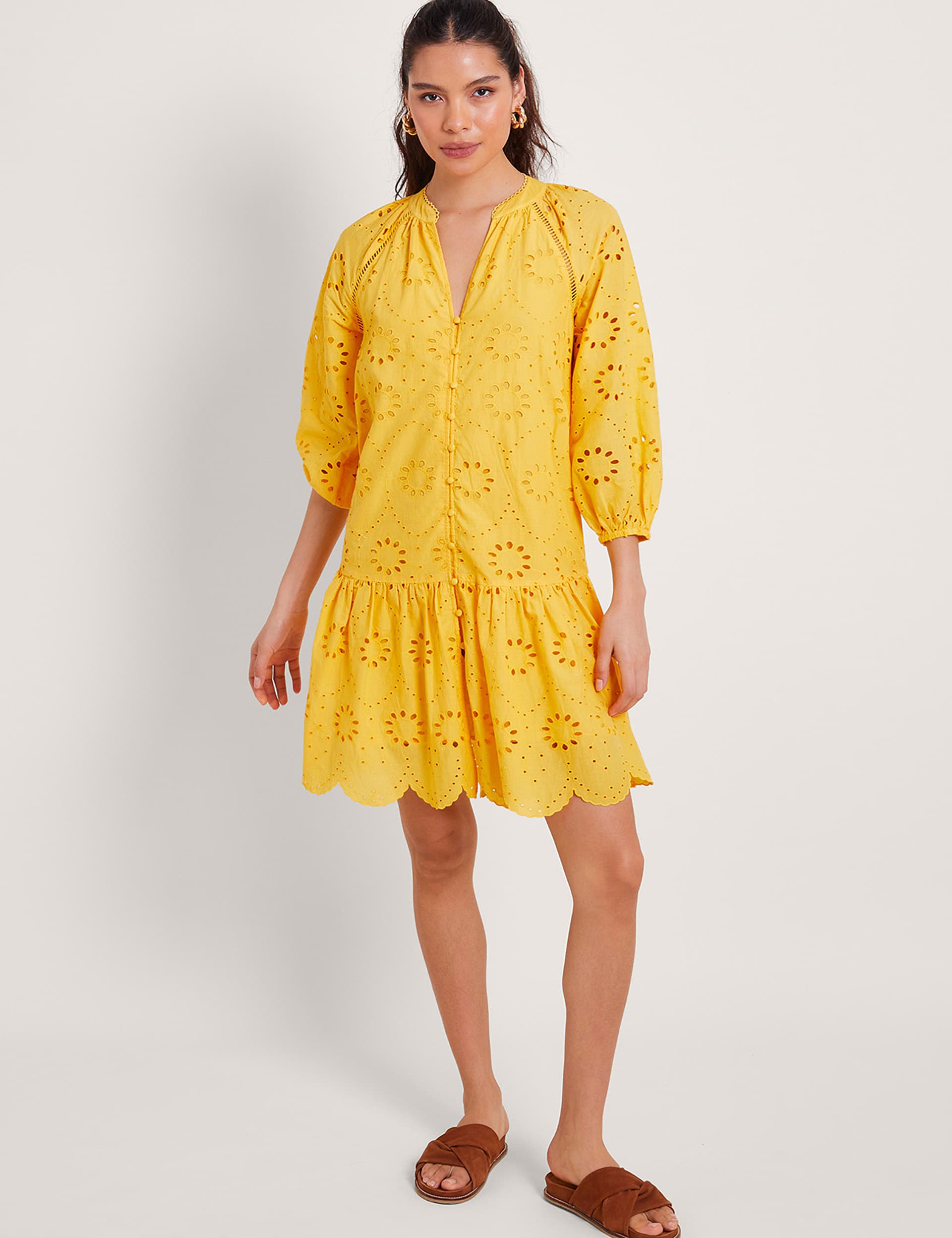 Monsoon Women's Pure Cotton Broderie Knee Length Dress - M - Yellow, Yellow