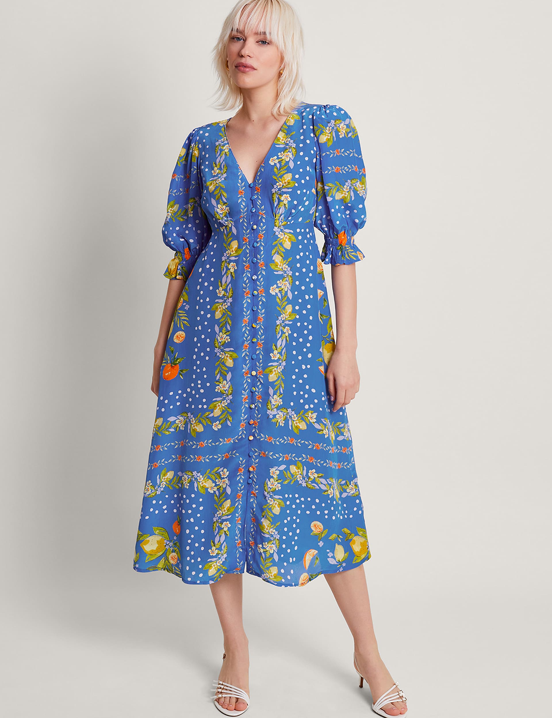 Monsoon Women's Floral V-Neck Midi Tea Dress - 12 - Blue Mix, Blue Mix