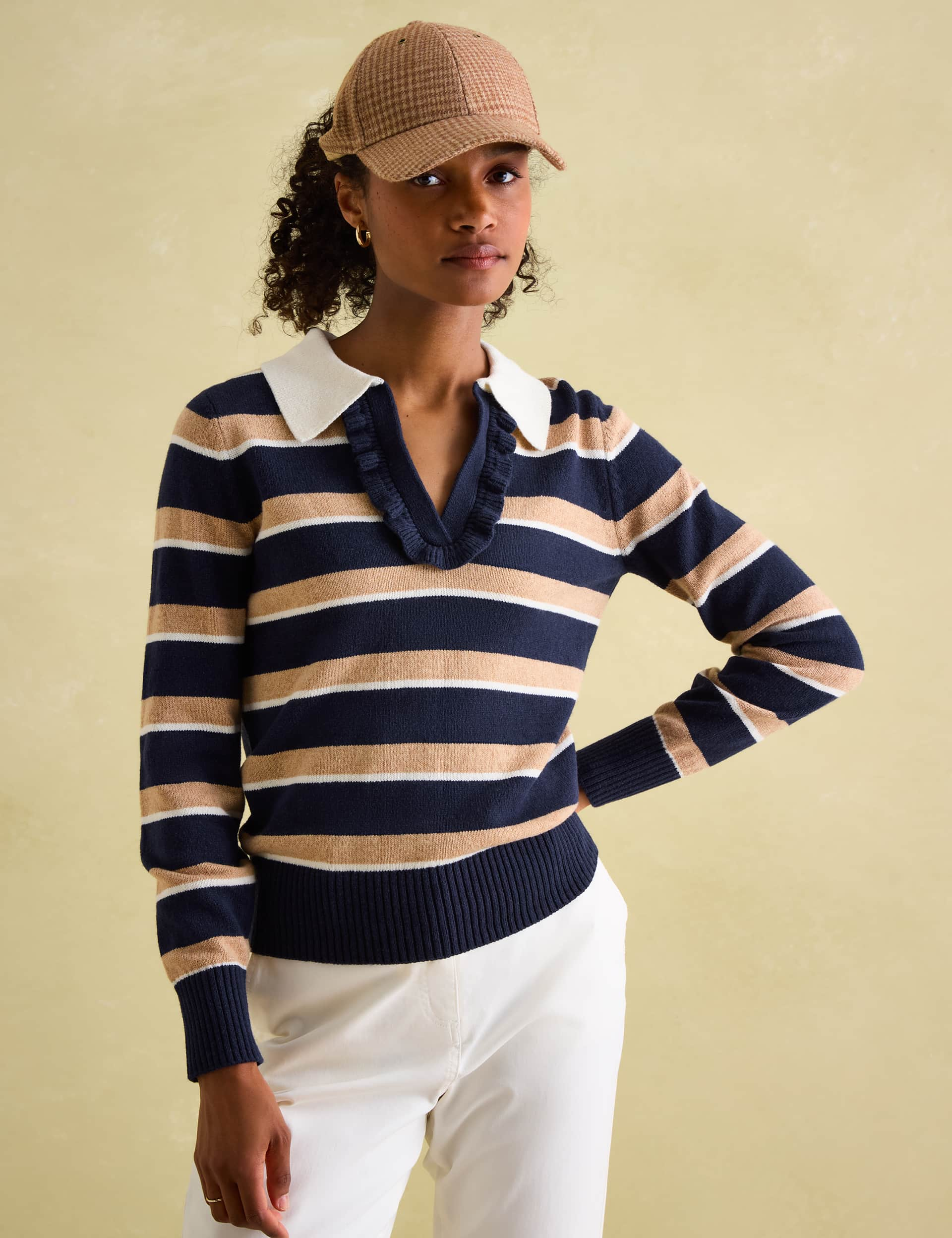 Joules Women's Striped Collared V-Neck Jumper with Wool - 10 - Navy Mix, Navy Mix