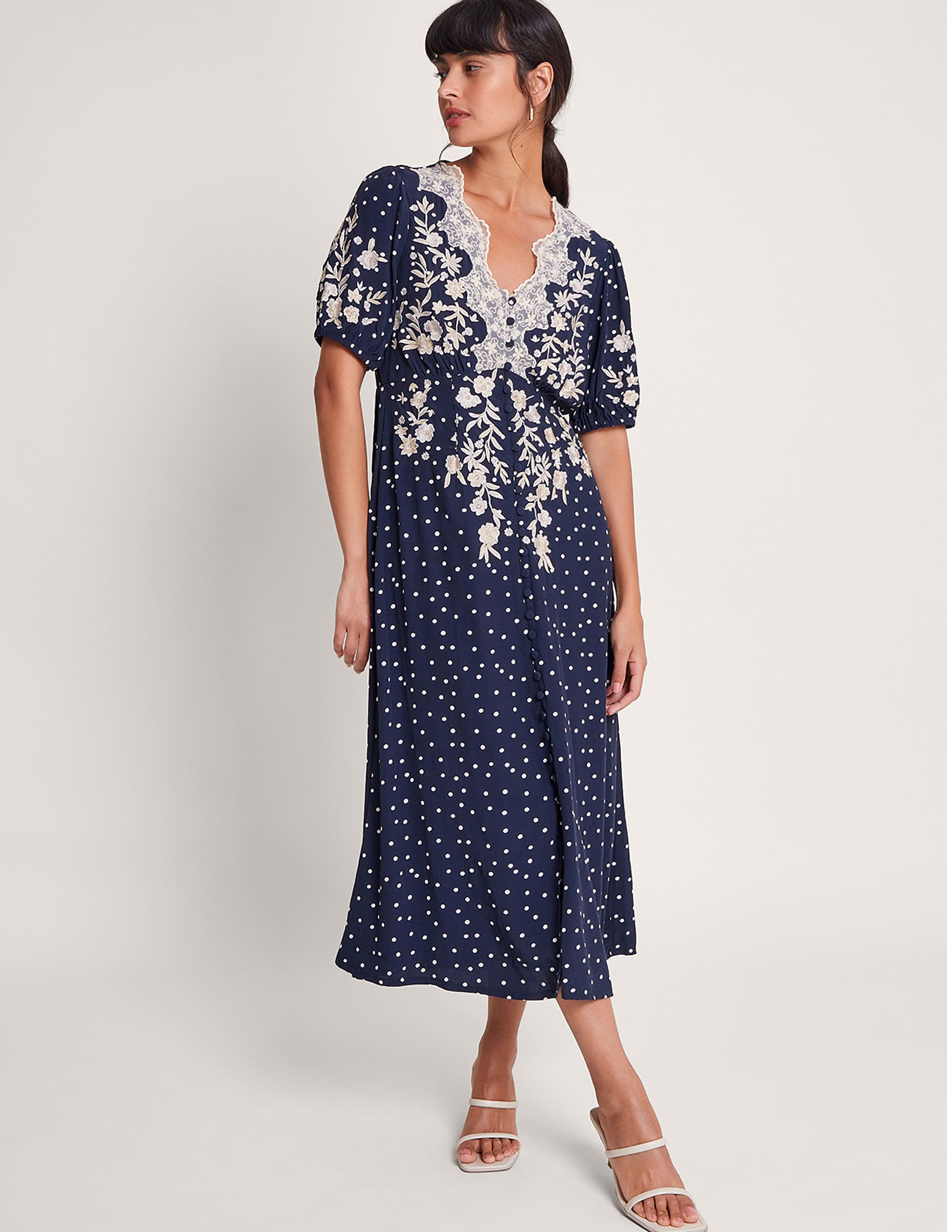 Monsoon Women's Spot Print Embroidered Midi Tea Dress - Navy Mix, Navy Mix