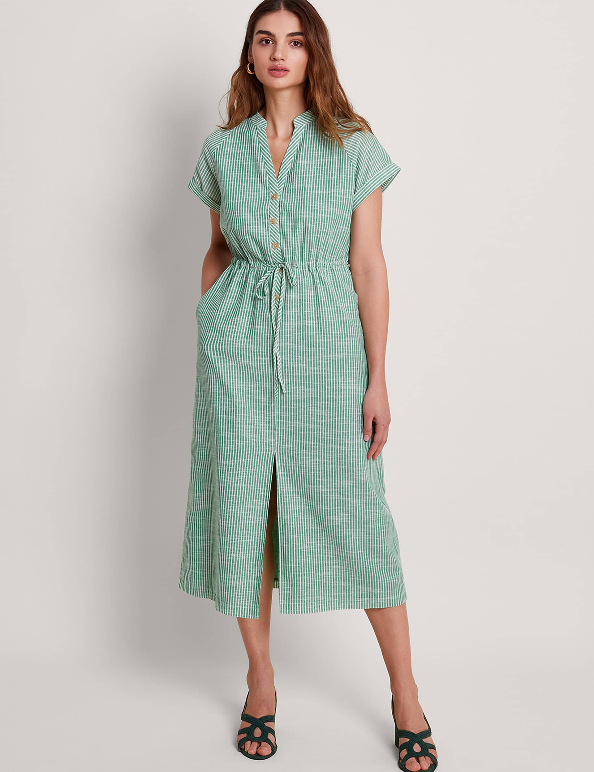 Monsoon Women's Striped Notch Neck Midi Shirt Dress - Green Mix, Green Mix