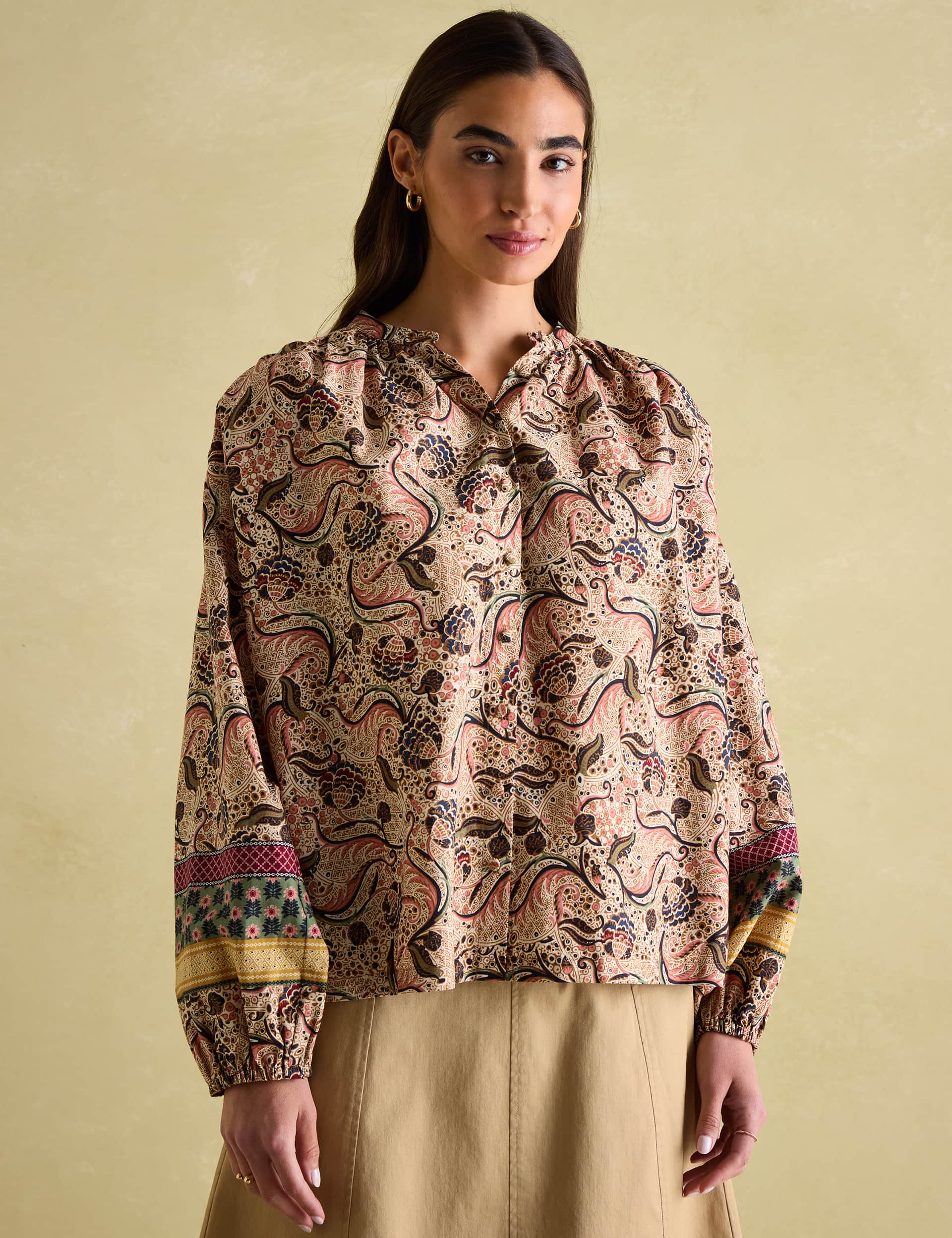 Joules Women's Pure Cotton Paisley Blouson Sleeve Blouse - 10 - Cream Mix, Cream Mix