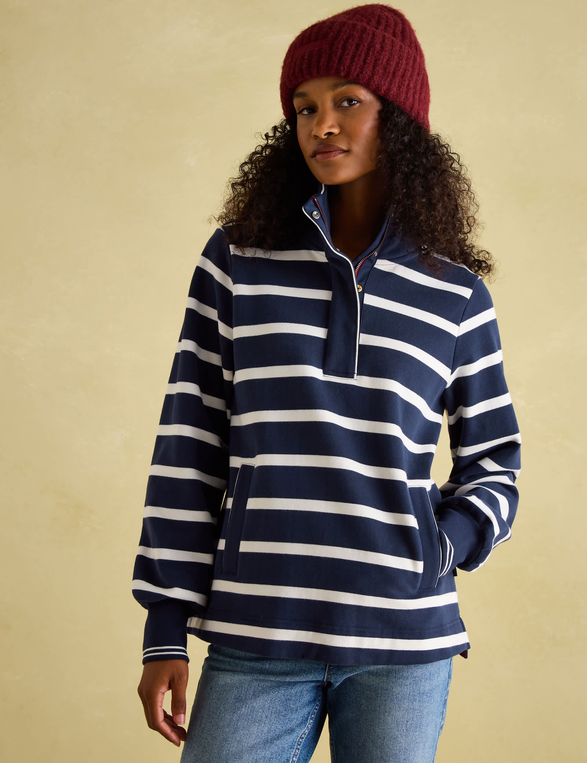 Joules Women's Pure Cotton Striped Half Zip Sweatshirt - 12 - Navy Mix, Navy Mix