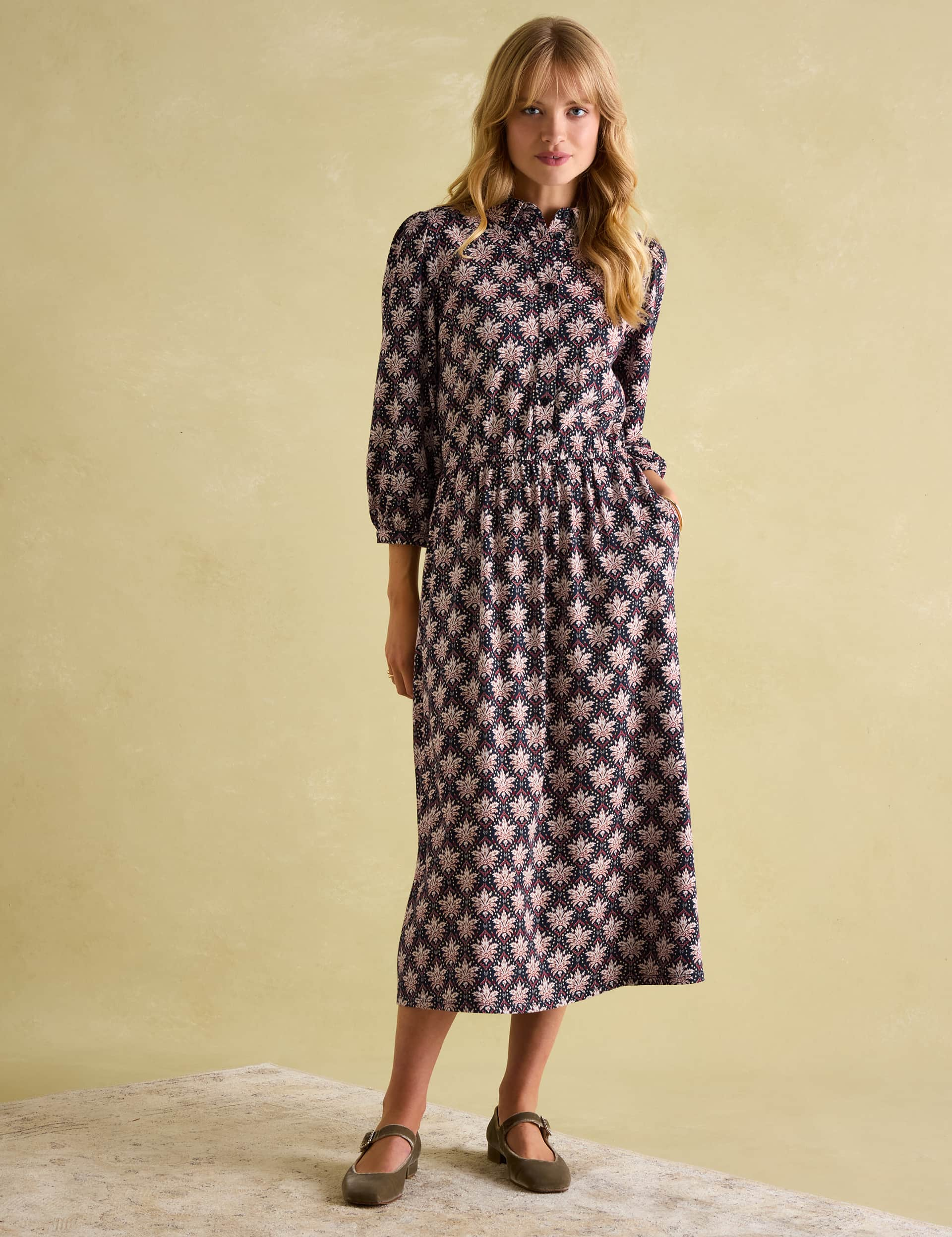 Joules Women's Jersey Printed Midi Waisted Dress - 16 - Brown Mix, Brown Mix