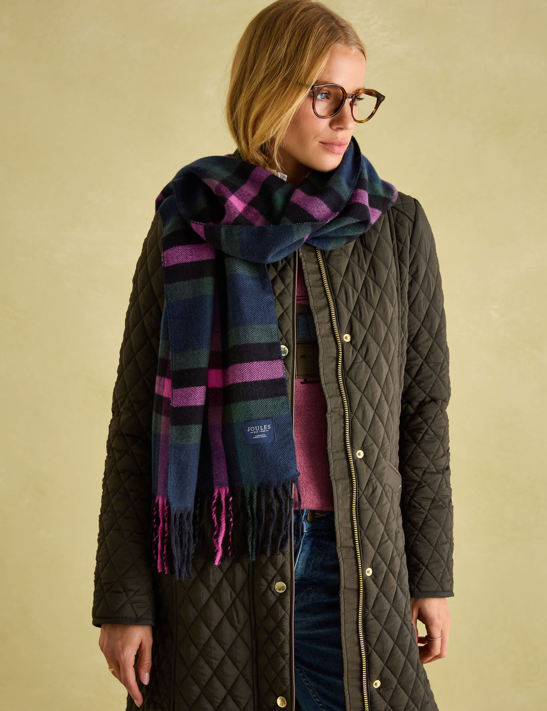 Joules Women's Checked Tassel Scarf - Navy Mix, Navy Mix