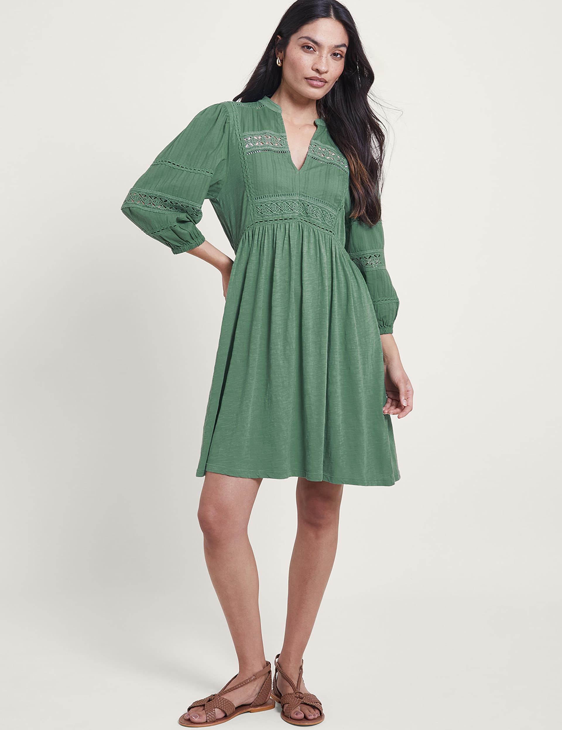 Monsoon Women's V-Neck Lace Insert Knee Length Skater Dress - Green, Green