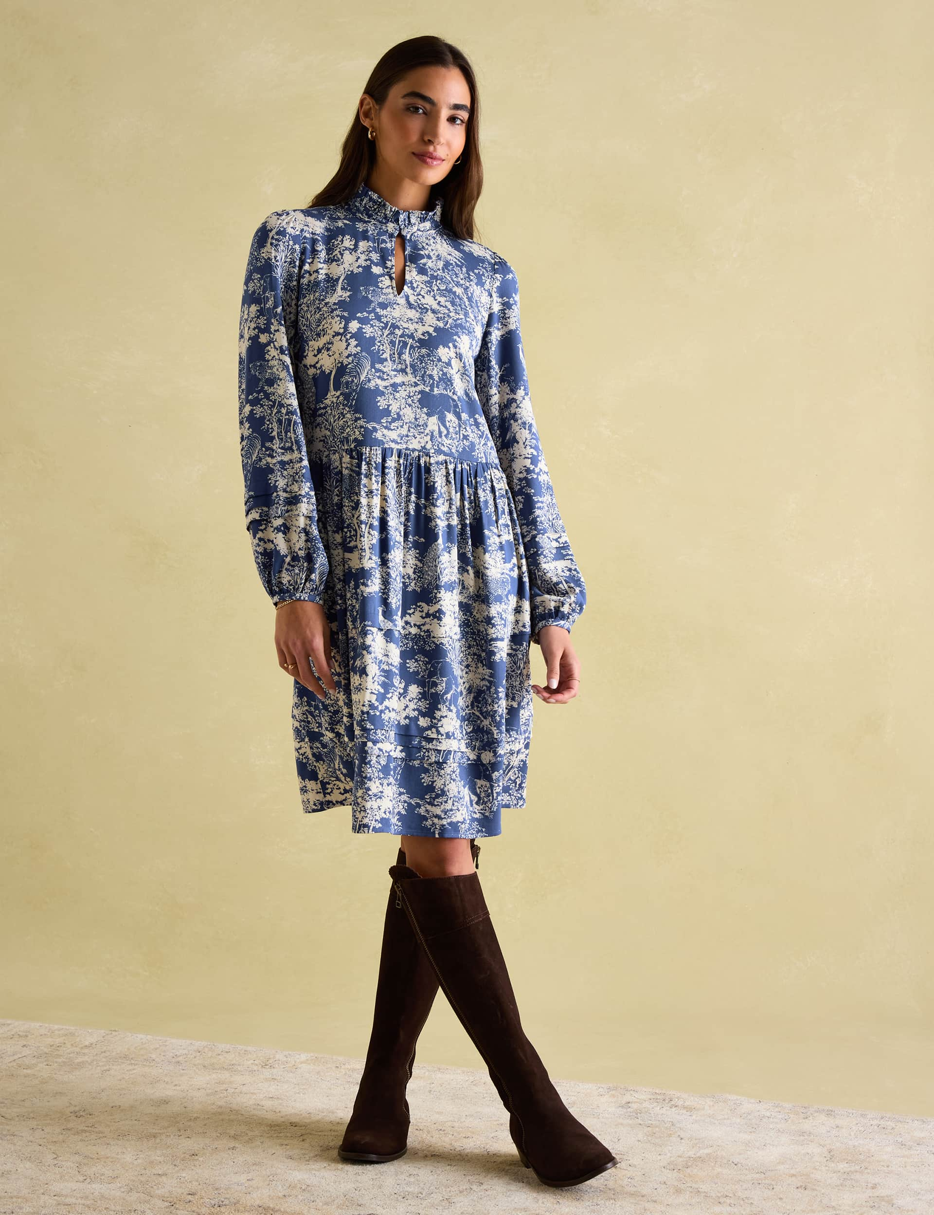 Joules Women's Tree Print High Neck Knee Length Dress - 12 - Blue Mix, Blue Mix