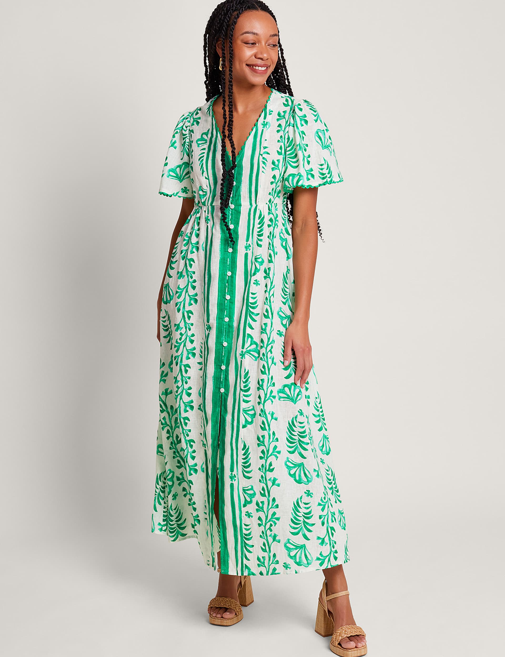 Monsoon Women's Linen Blend Printed Button Front Midi Tea Dress