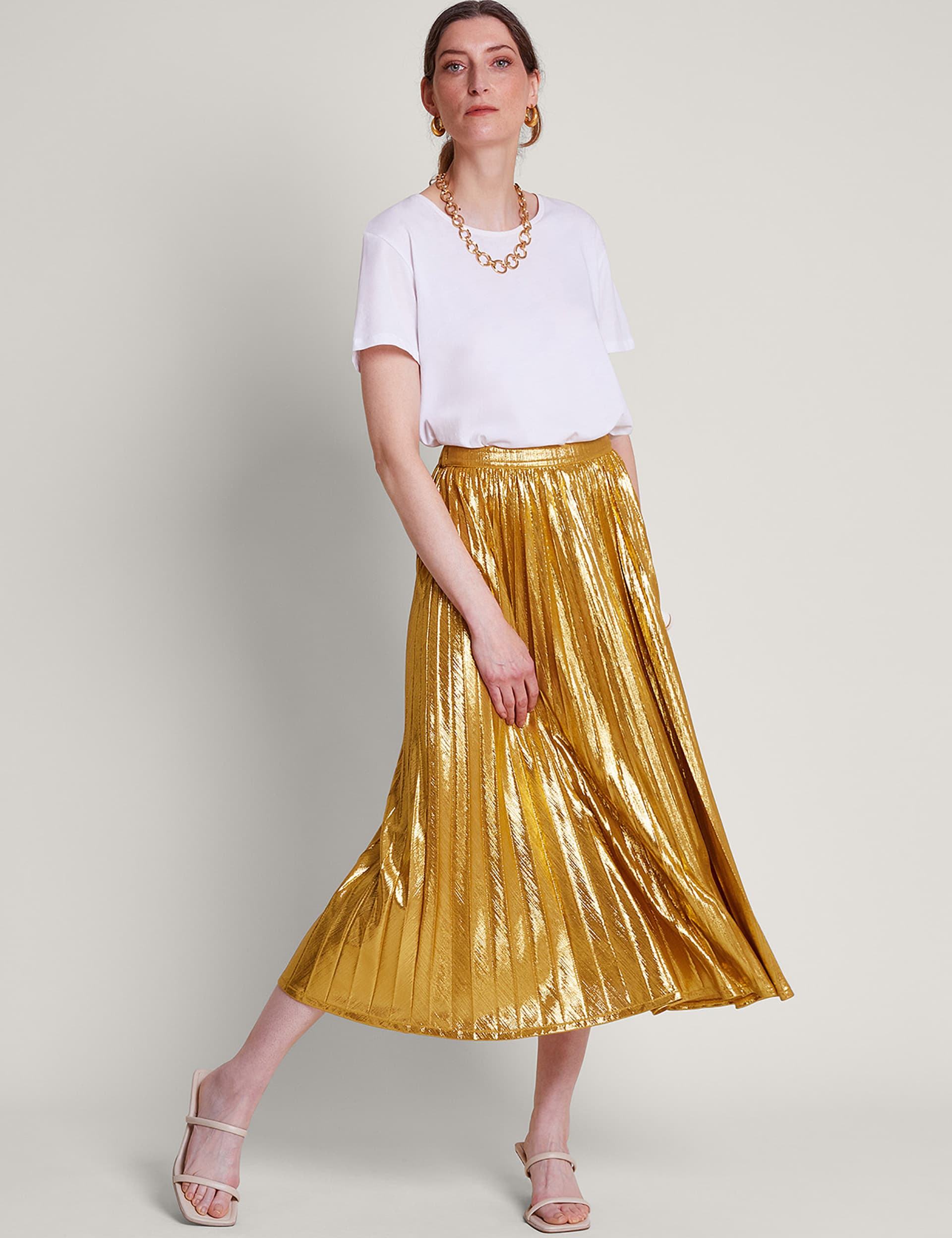 Monsoon Women's Metallic Pleated Midi Skirt - Gold, Gold