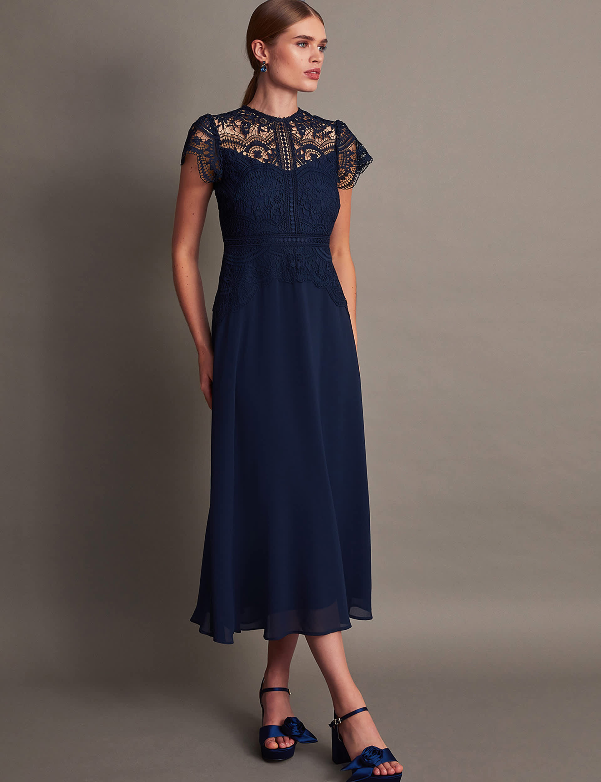 Monsoon Women's Lace Midi Waisted Dress - 8 - Navy, Navy