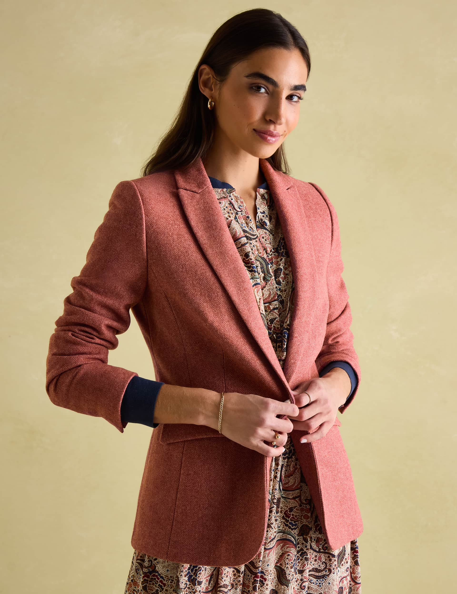 Joules Women's Wool Blend Tweed Herringbone Blazer - 14 - Pink, Pink