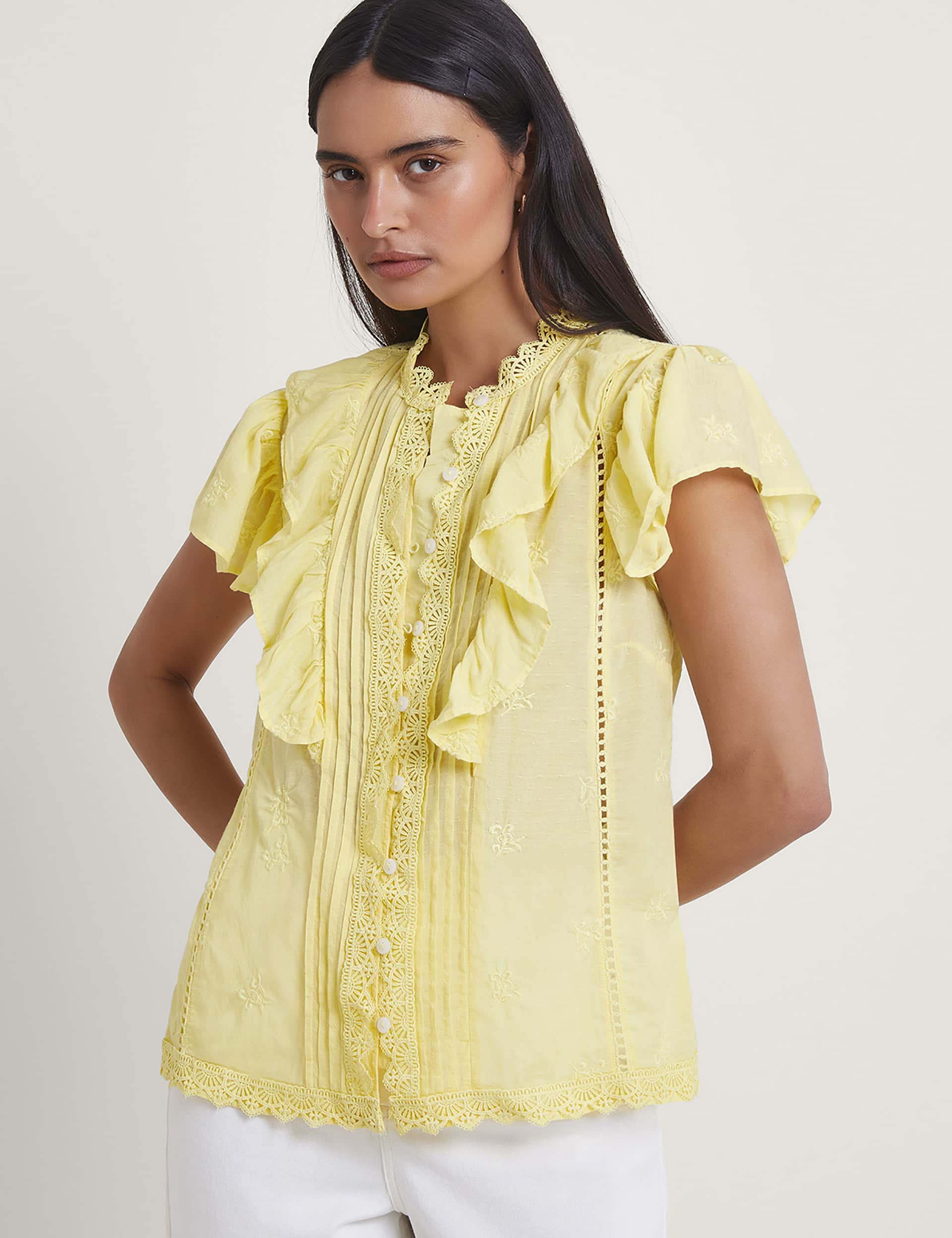 Monsoon Women's Embroidered Lace Ruffle Blouse - Lemon, Lemon