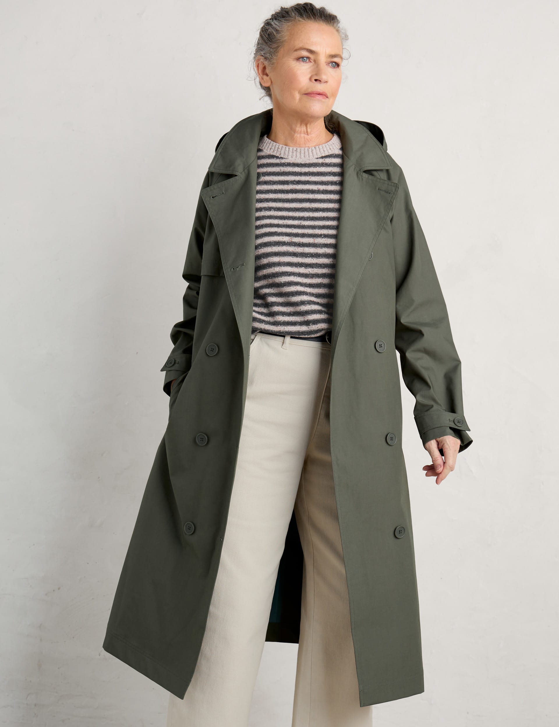 Seasalt Cornwall Women's Pure Cotton Belted Double Breasted Trench Coat - 18REG - Green, Stone,Navy,