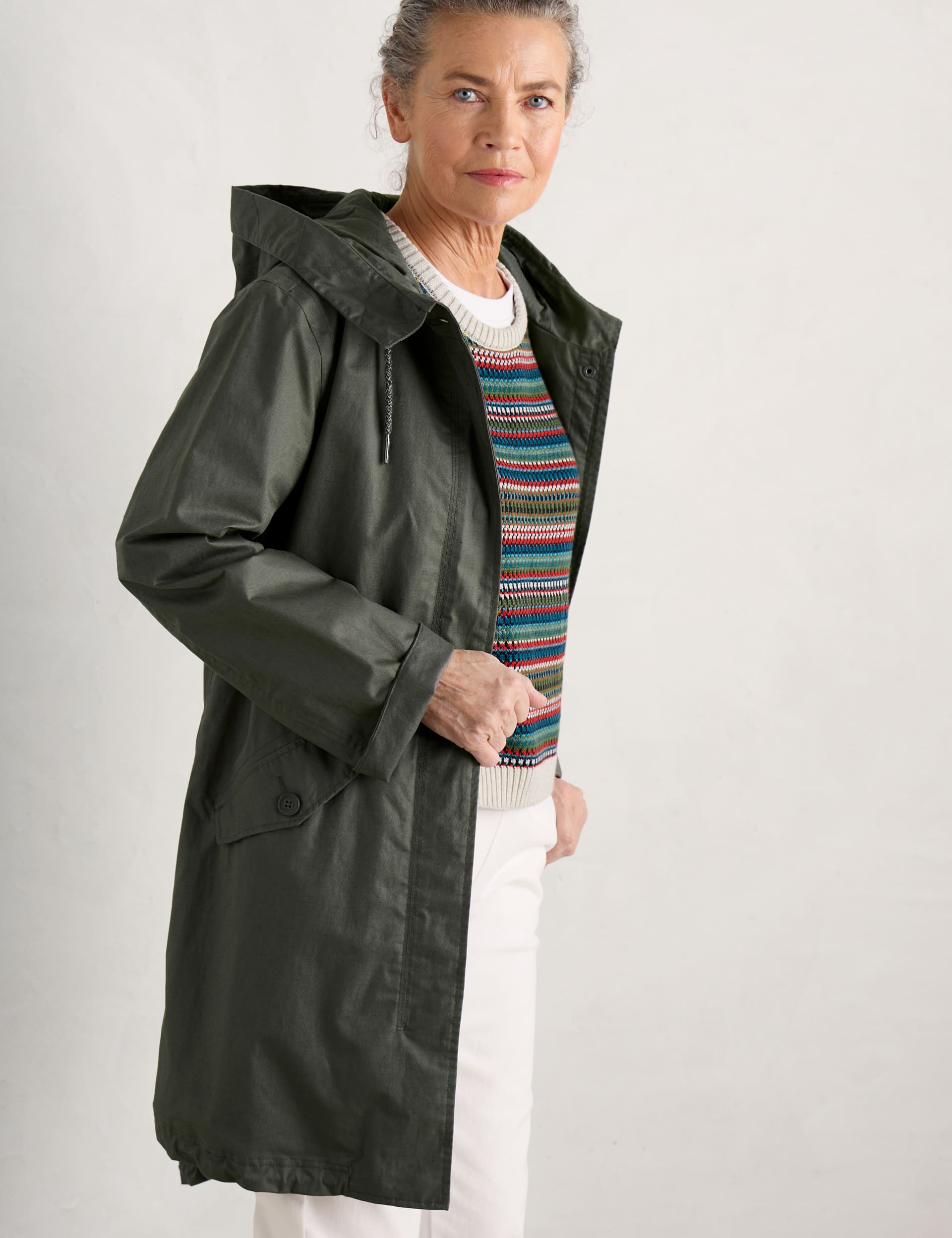 Seasalt Cornwall Women's Waterproof Linen Rich Longline Raincoat - 8REG - Green, Navy,Green