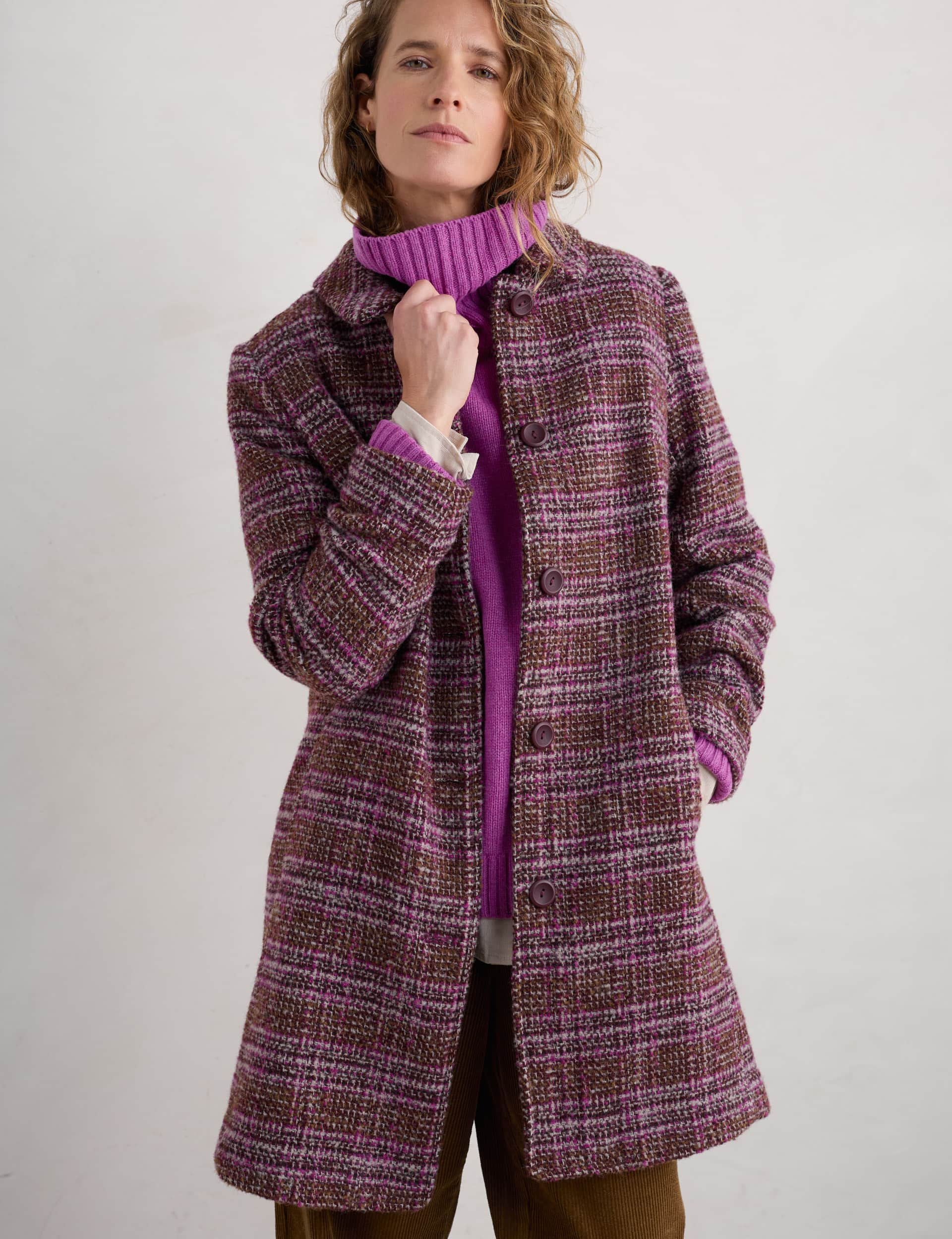 Seasalt Cornwall Women's Wool Blend Checked Single Breasted Coat - 16REG - Brown Mix, Brown Mix