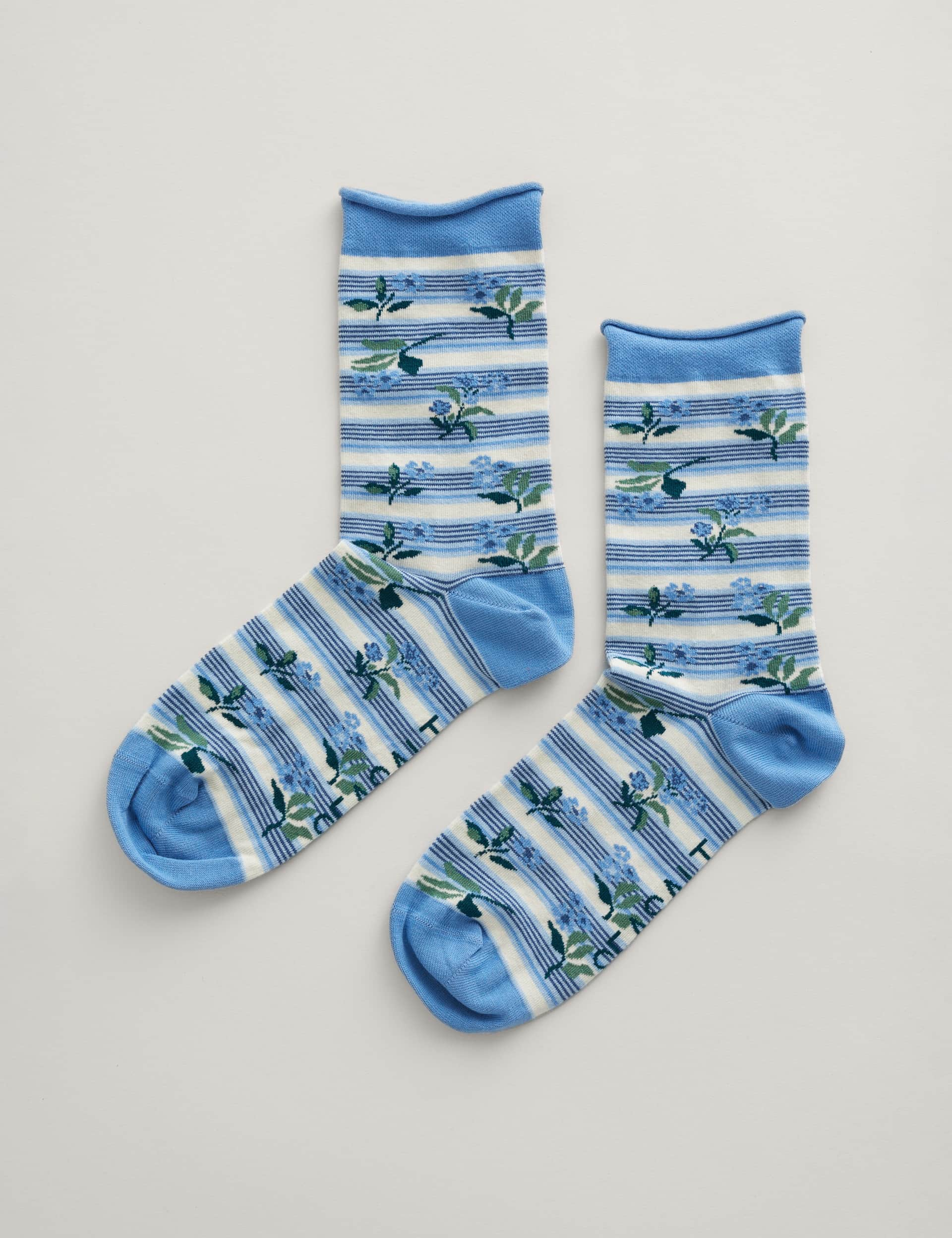 Seasalt Cornwall Women's Cotton Rich Floral Ankle High Socks - Blue Mix, Blue Mix