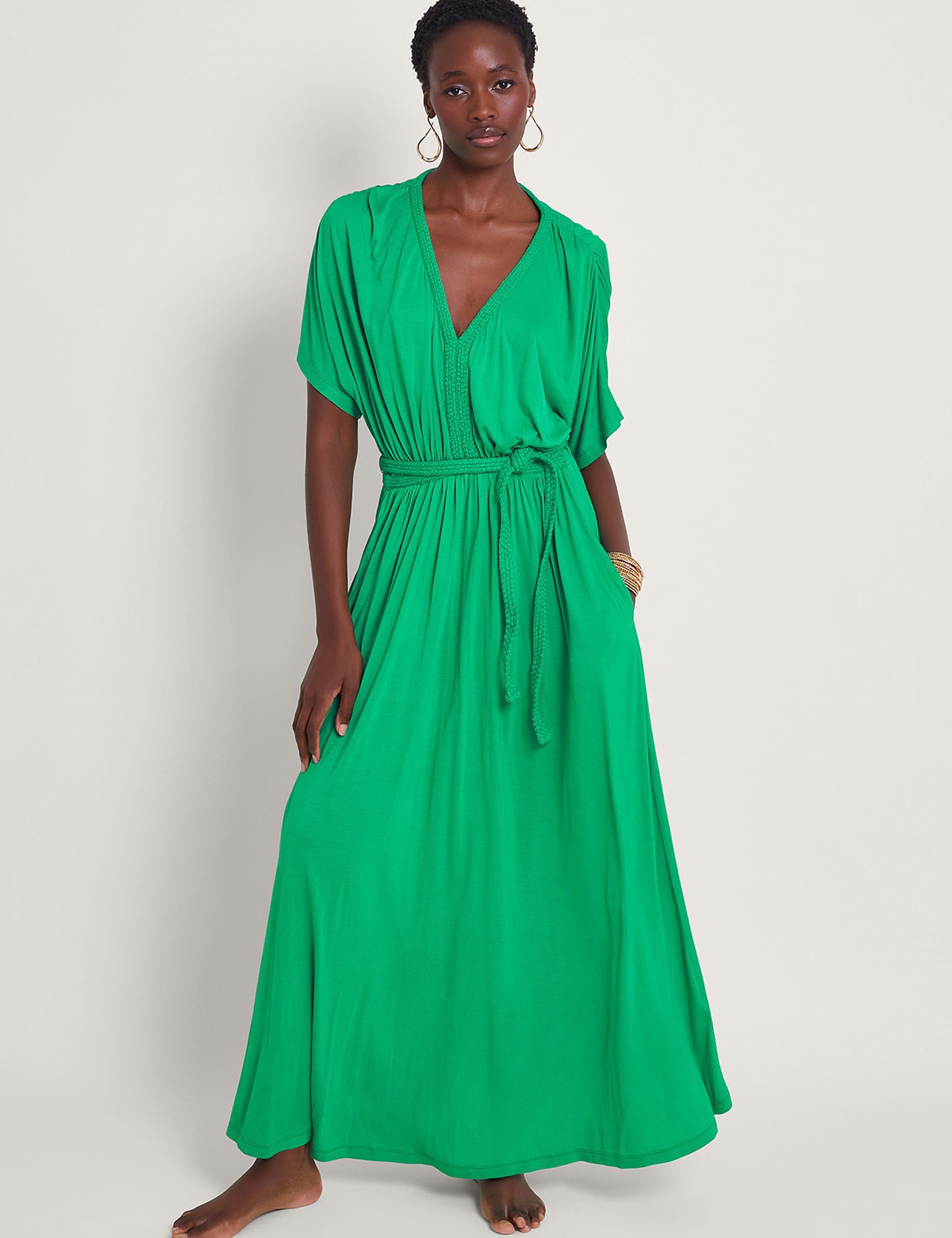 Monsoon Women's Jersey V-Neck Belted Maxi Waisted Dress - Green, Green