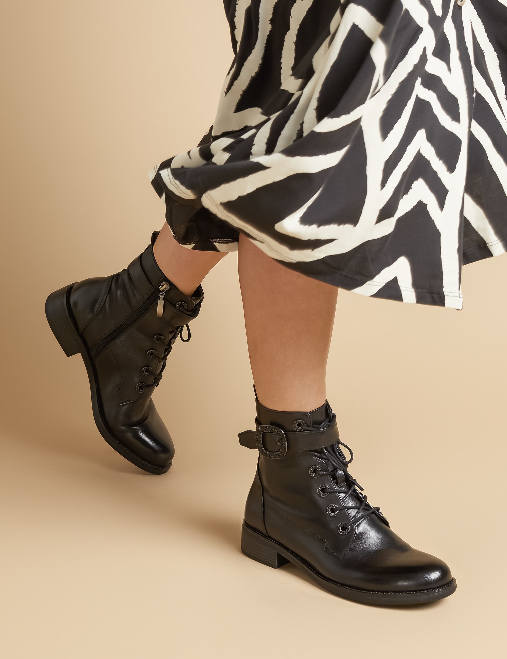 Jones Bootmaker Women's Leather Lace Up Buckle Flat Ankle Boots