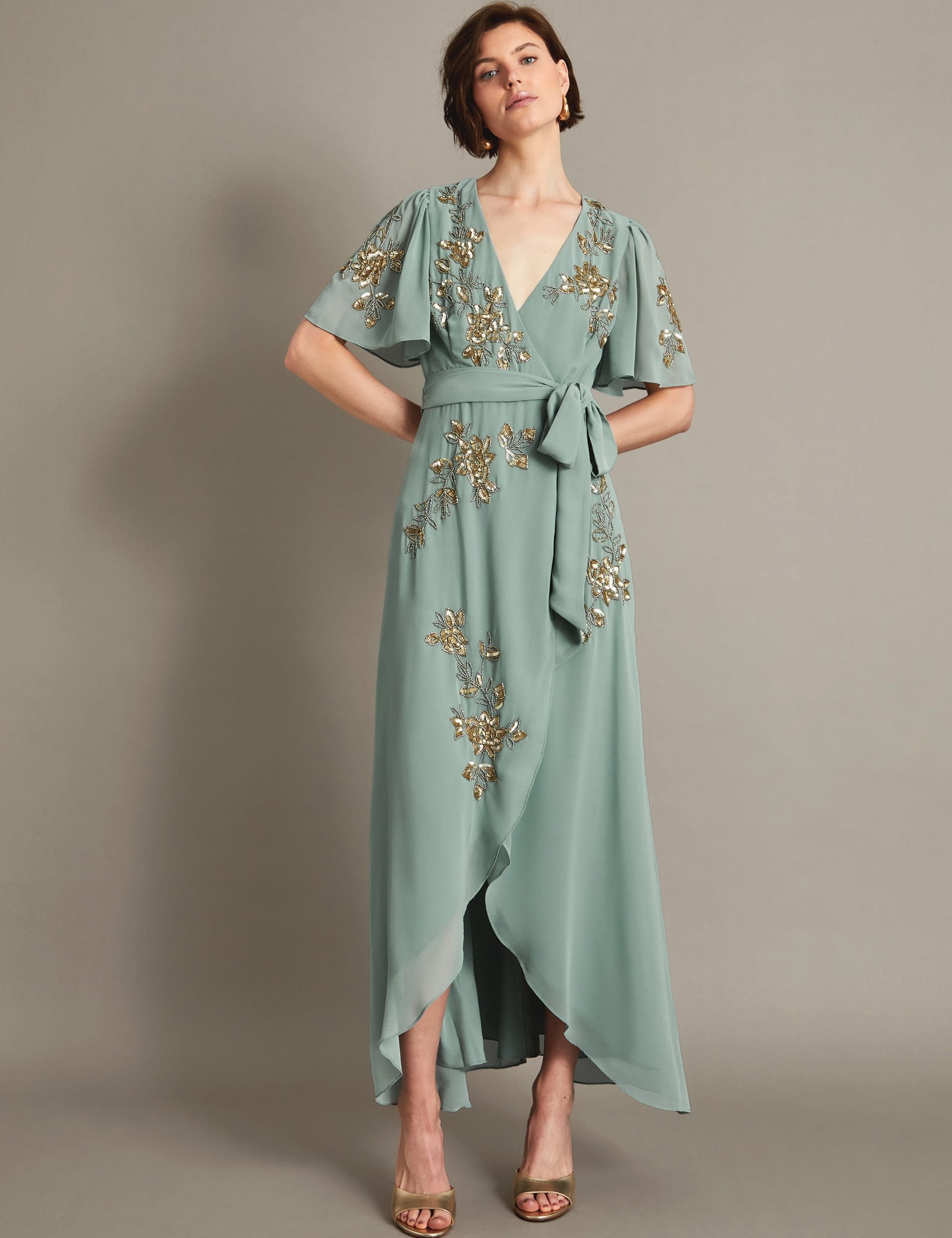 Monsoon Women's Embroidered V-Neck Maxi Wrap Dress - 18 - Light Green, Light Green