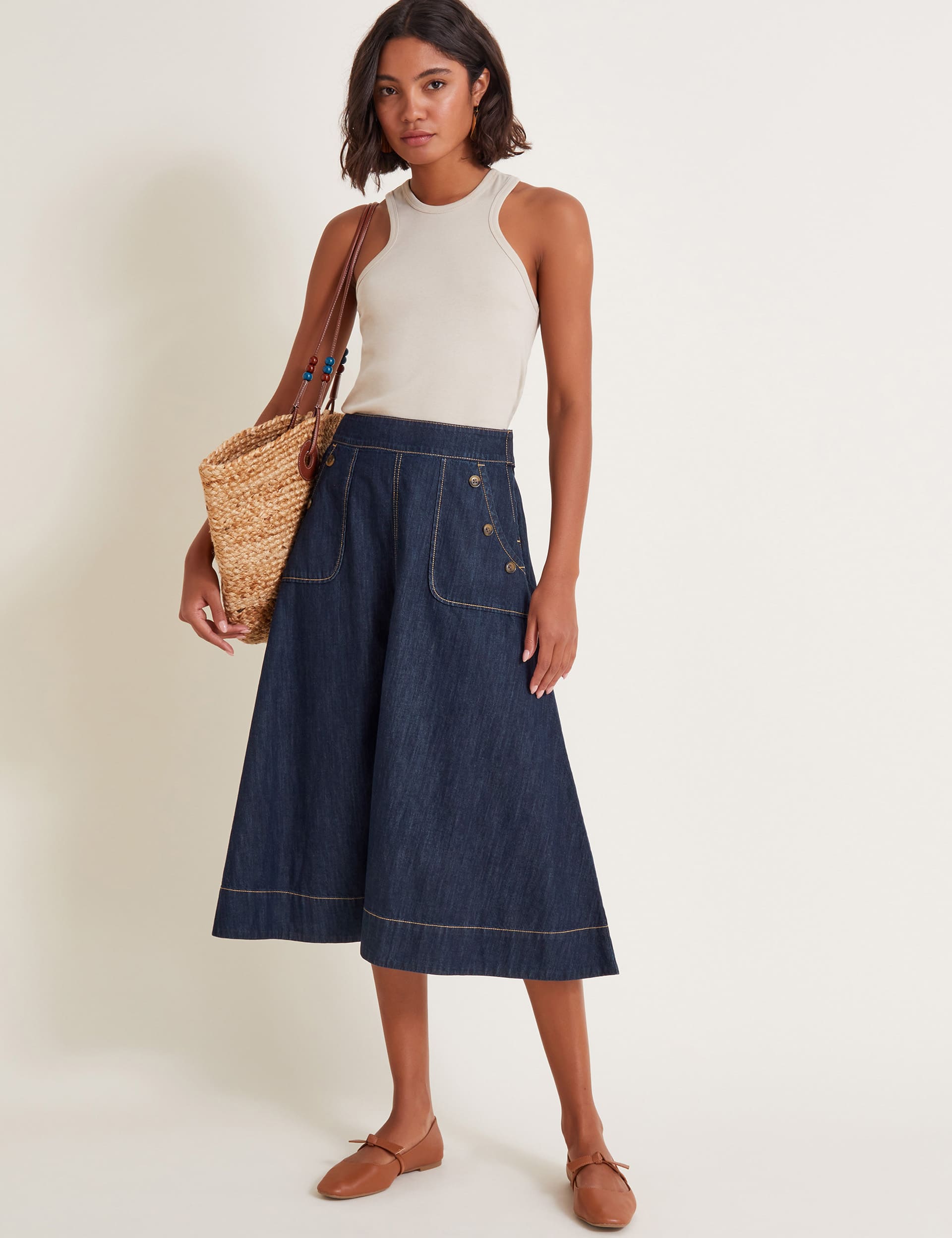 Monsoon Women's Pure Cotton Denim Midi A-Line Skirt