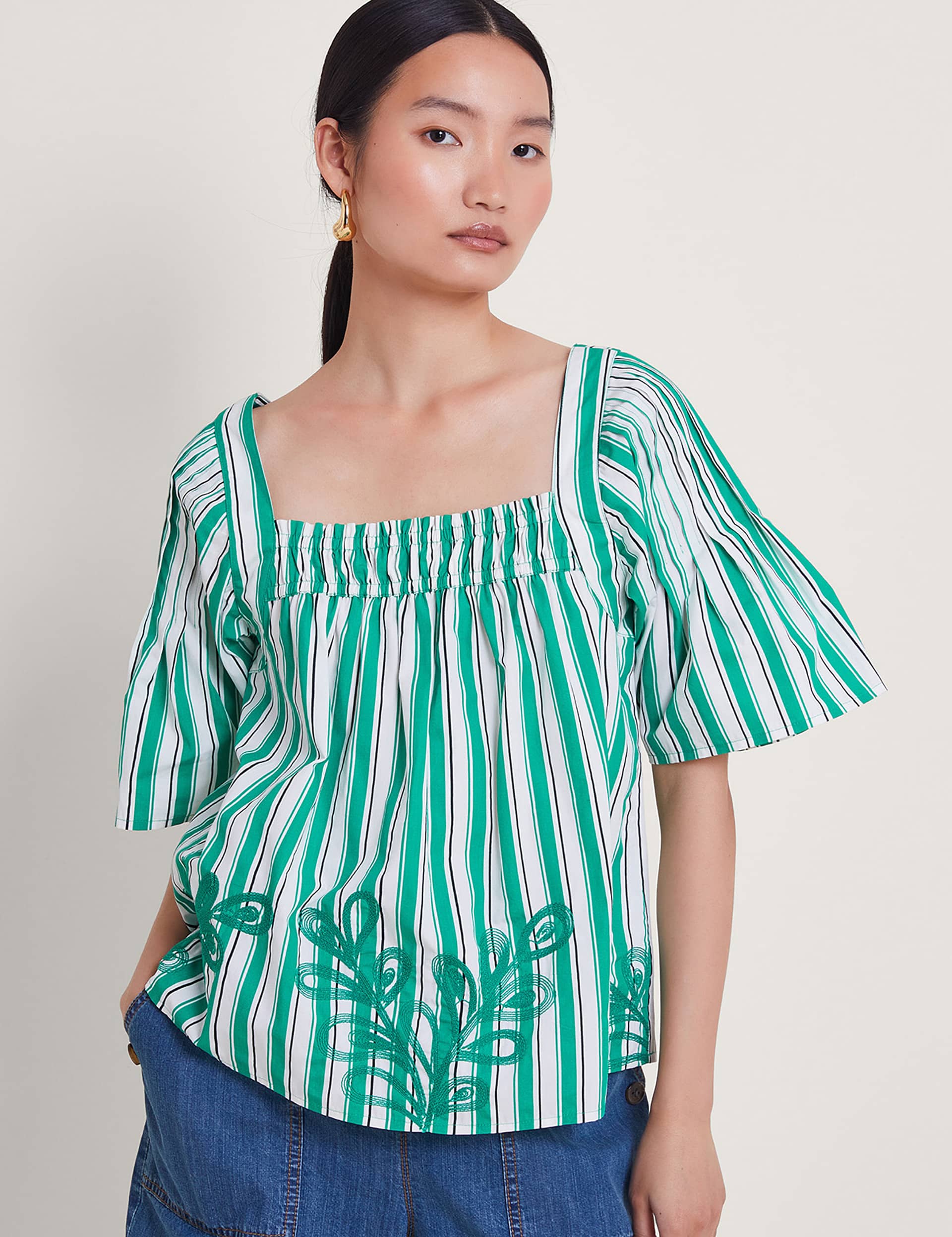 Monsoon Women's Pure Cotton Striped Embroidered Top - Green Mix, Green Mix