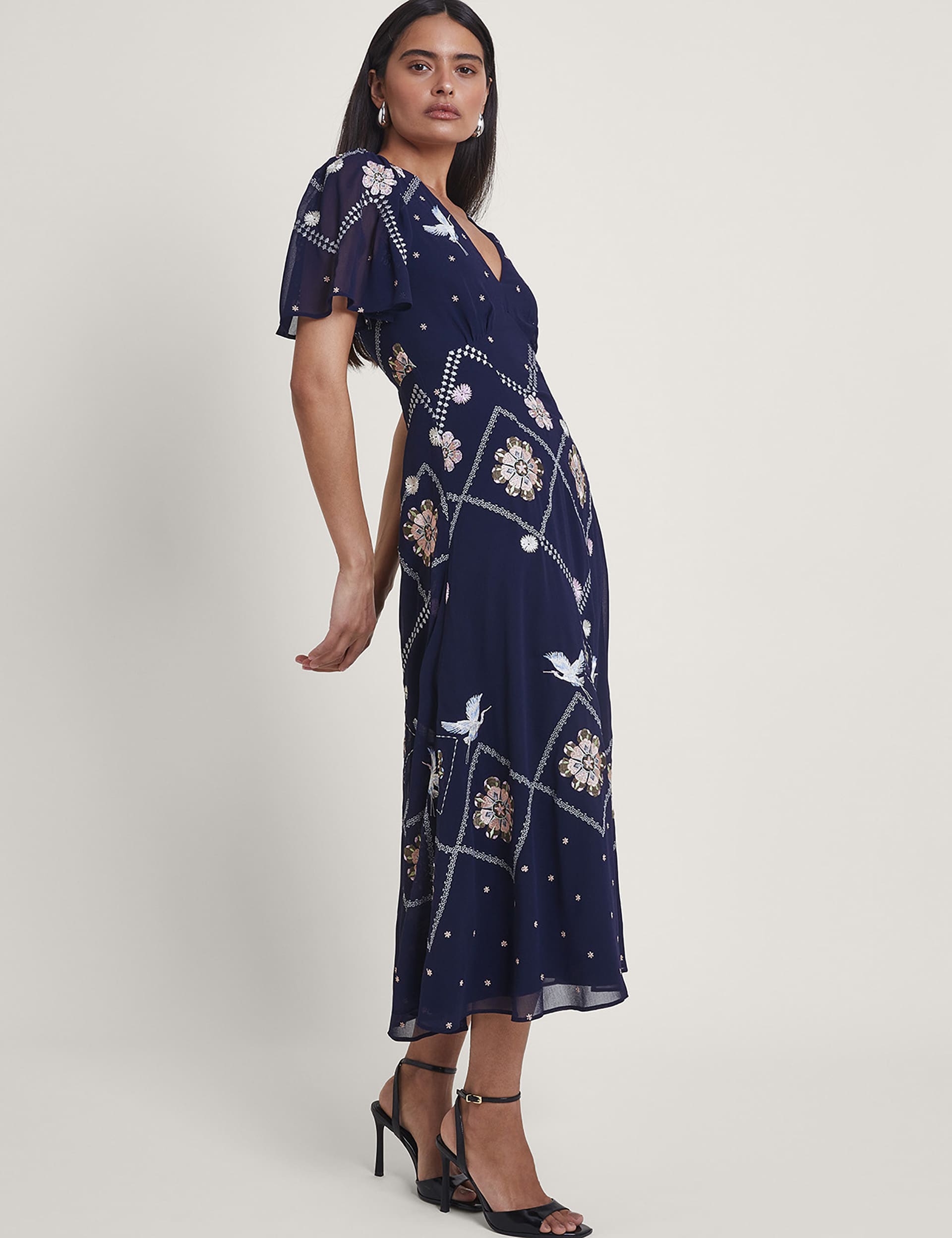 Monsoon Women's Embroidered V-Neck Midaxi Tea Dress - 8 - Navy Mix, Navy Mix