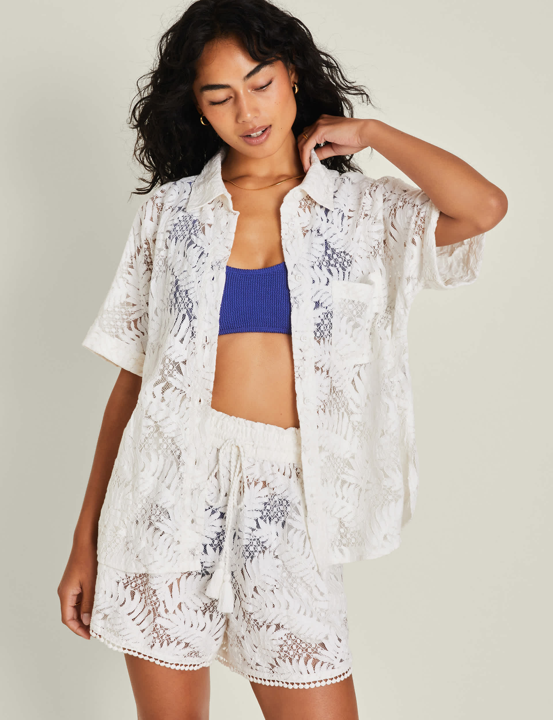 Accessorize Women's Cotton Rich Lace Beach Shirt - M - Ivory, Ivory