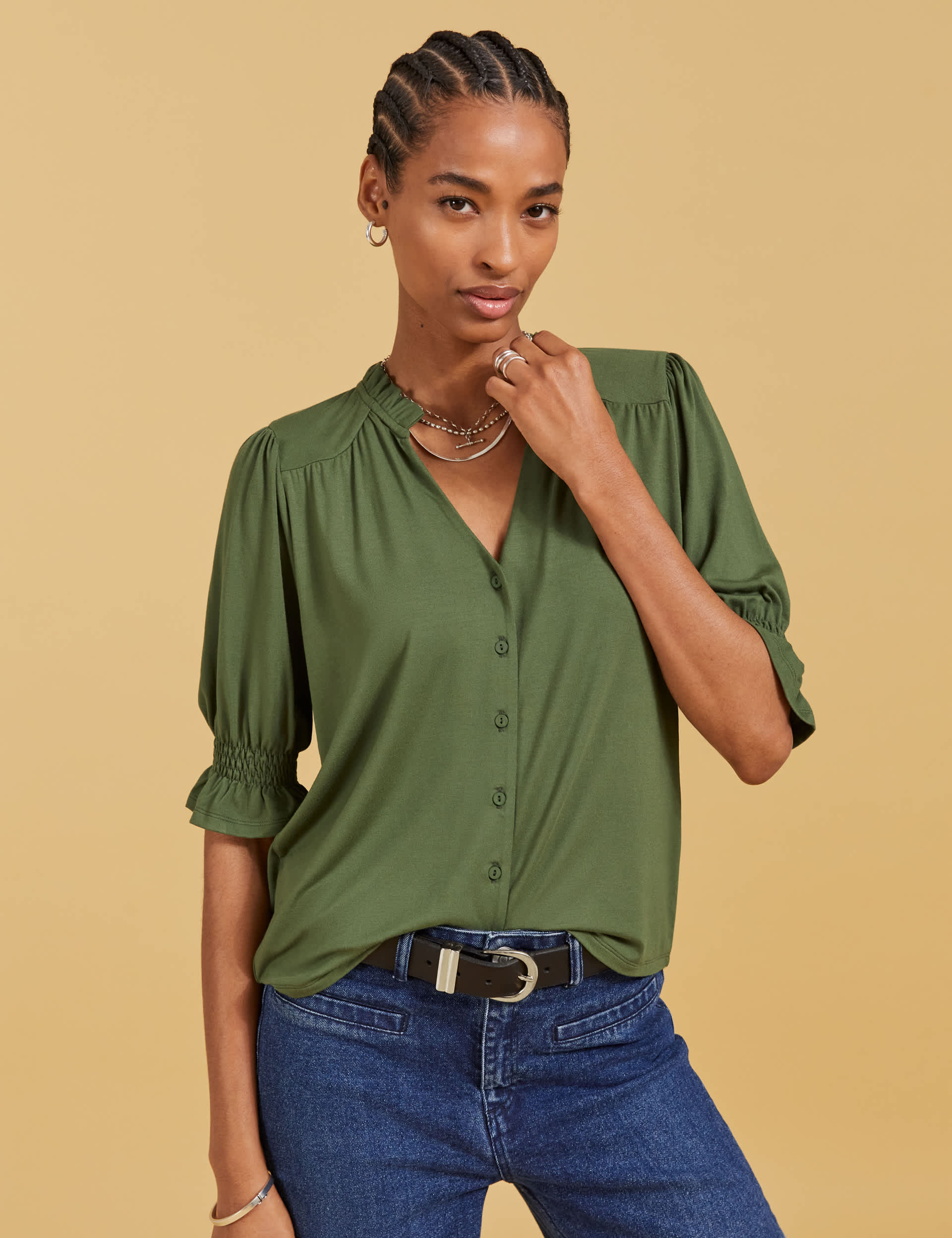 Baukjen Women's Notch Neck Frill Detail Blouse