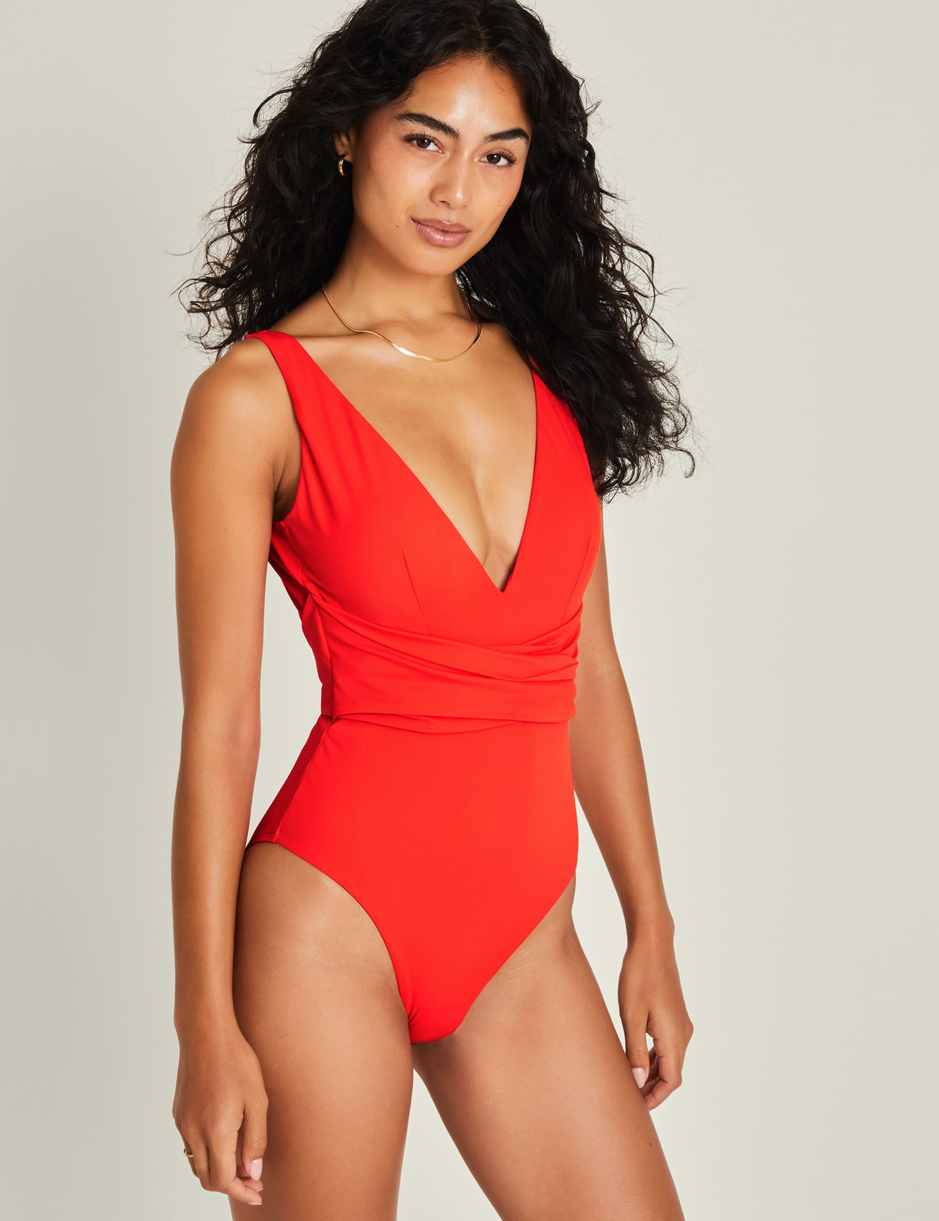 Accessorize Women's Padded Ruched V-Neck Swimsuit - 14 - Coral, Coral