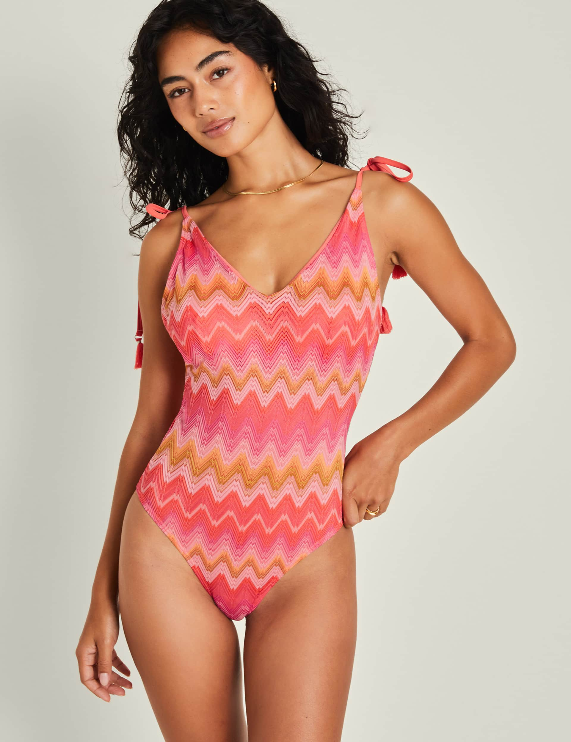 Accessorize Women's Textured Striped Padded V-Neck Swimsuit - 12 - Pink Mix, Pink Mix