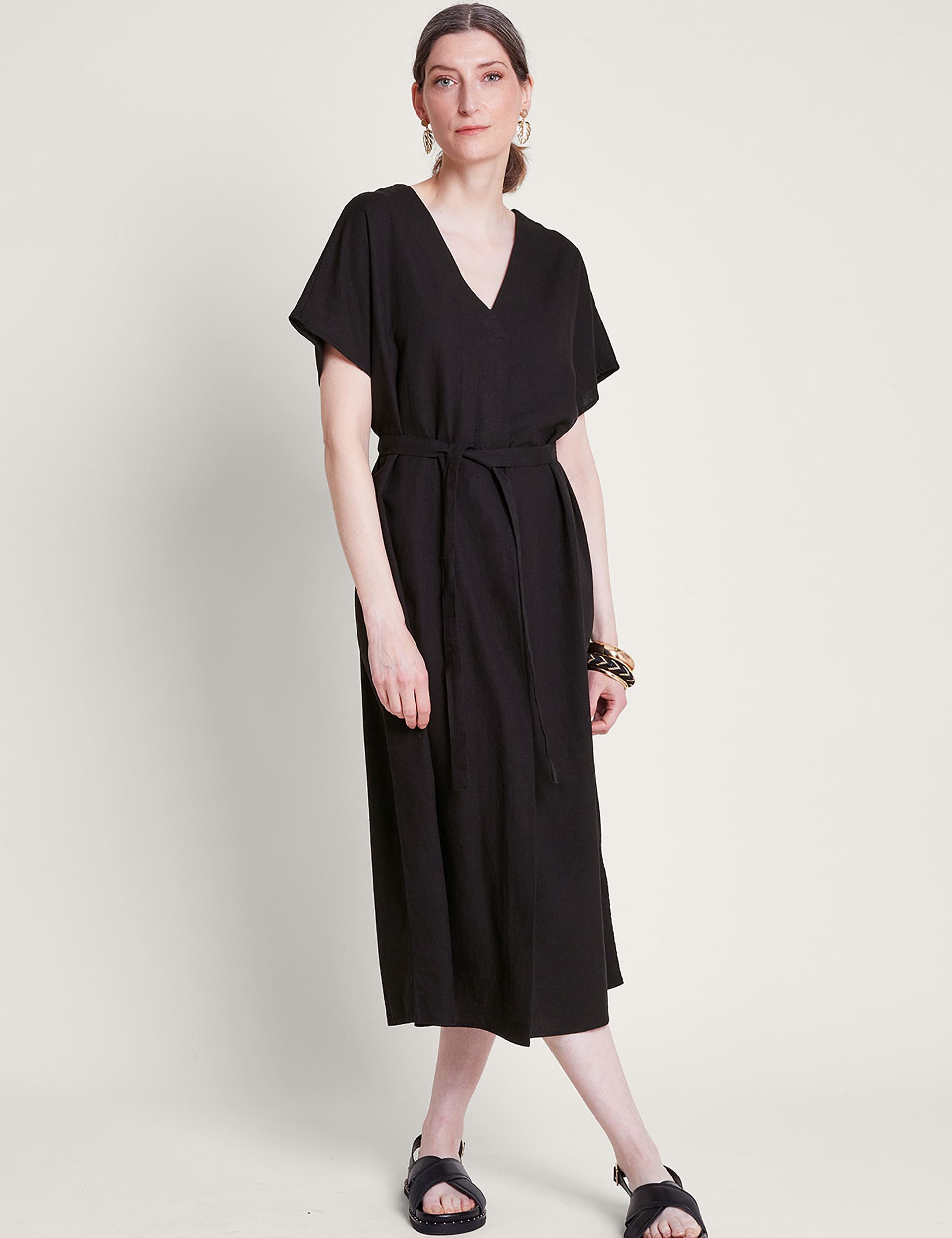 Monsoon Women's Linen Rich Belted Midi Dress - Black, Black