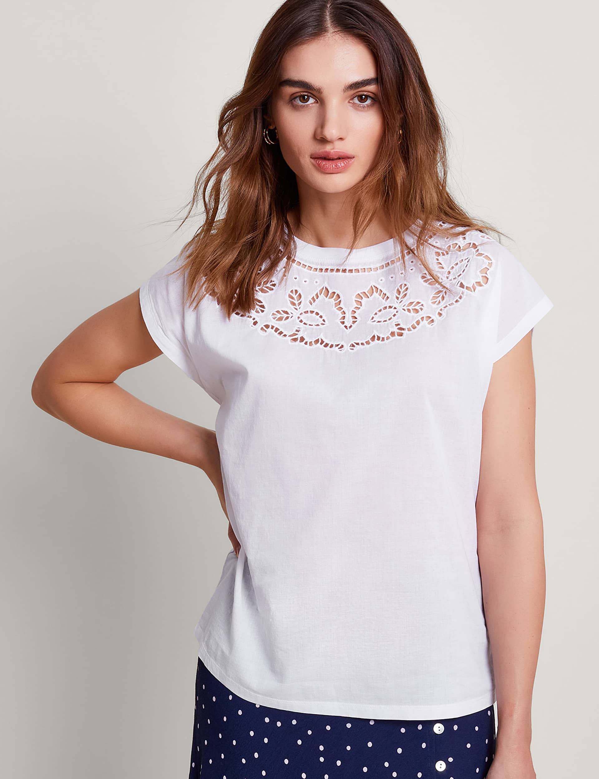 Monsoon Women's Pure Cotton Cutwork Detail T-Shirt - M - White, White,Black