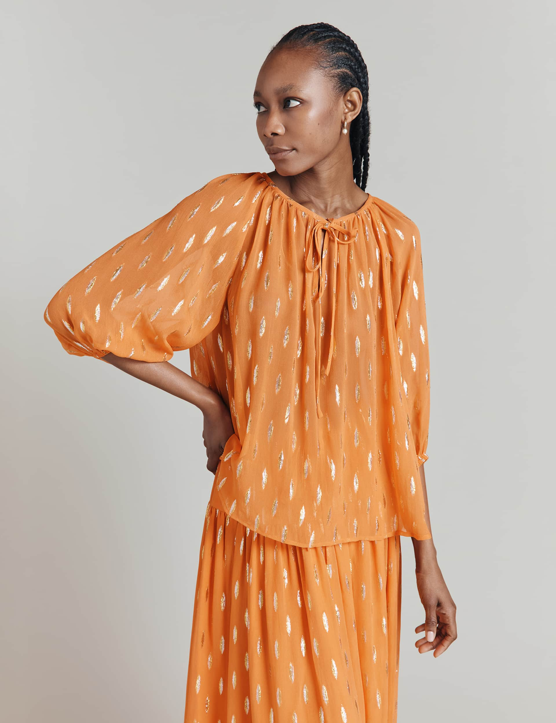 Ghost Women's Sheer Embellished Blouson Sleeve Blouse - Orange, Orange