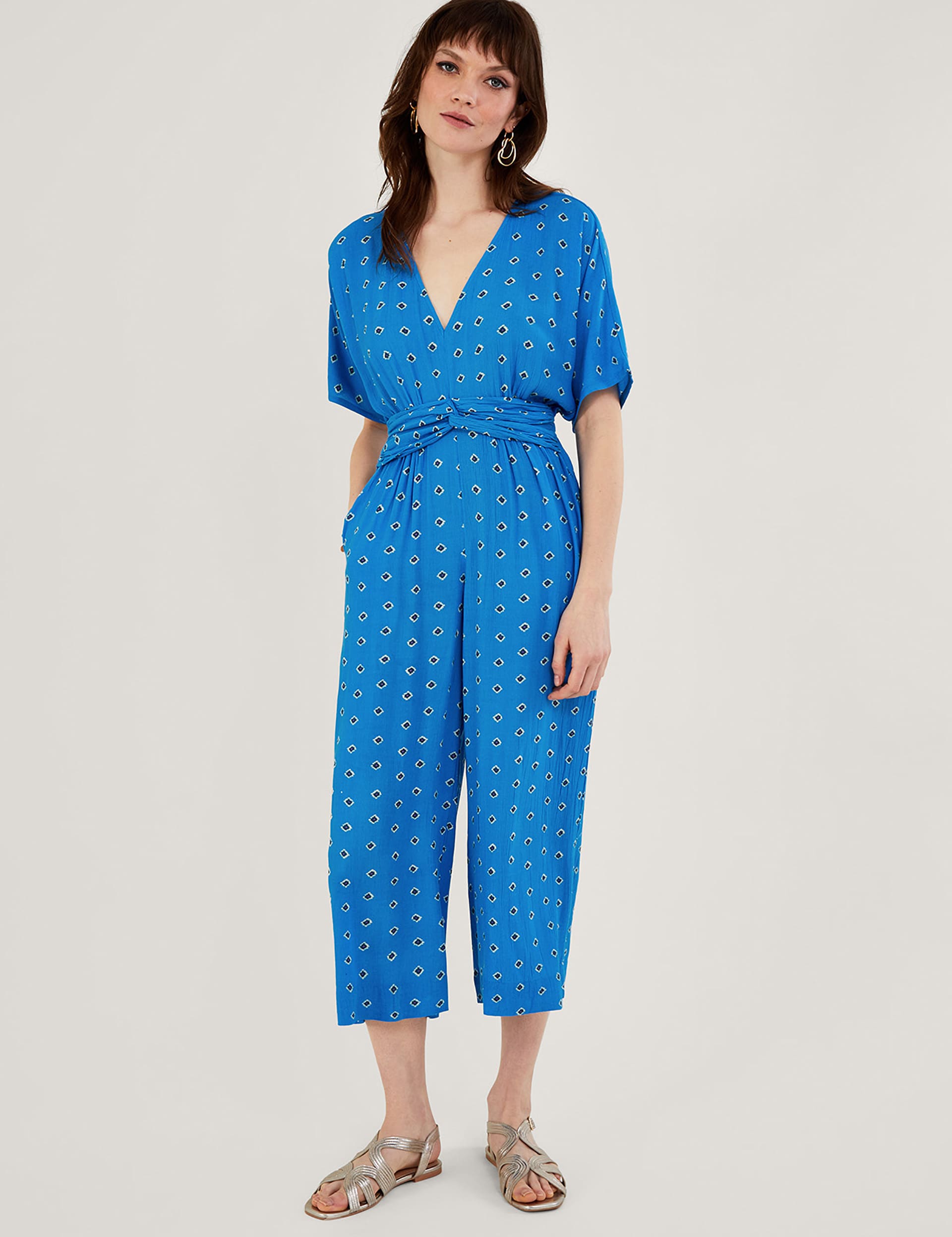 Monsoon Women's Printed Tie Detail Cropped Jumpsuit - XXL - Blue, Blue