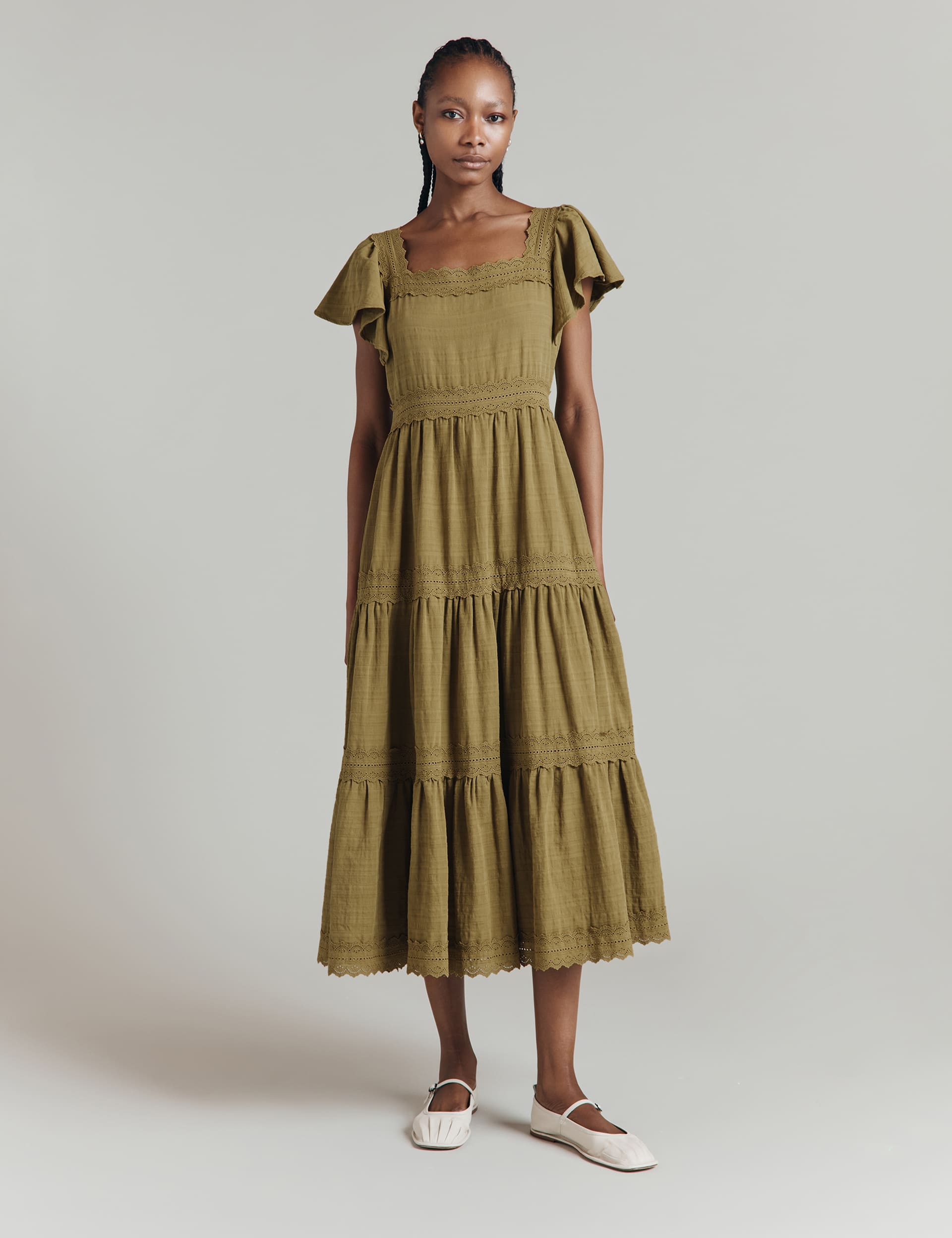 Ghost Women's Pure Cotton Square Neck Maxi Tiered Dress - L - Olive, Olive,Orange