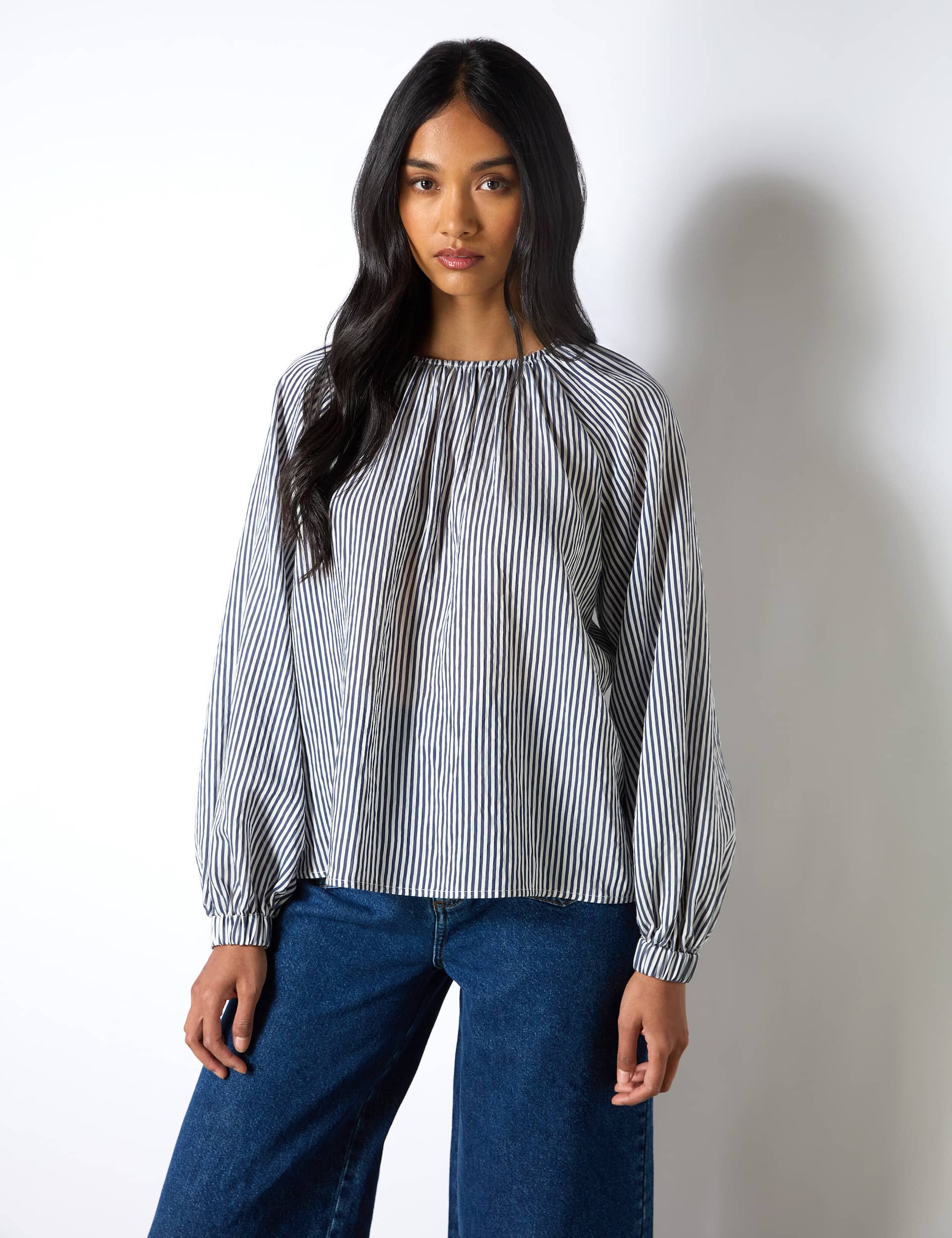 Ro&Zo Women's Striped Crew Neck Relaxed Blouse - 10REG - Navy Mix, Navy Mix