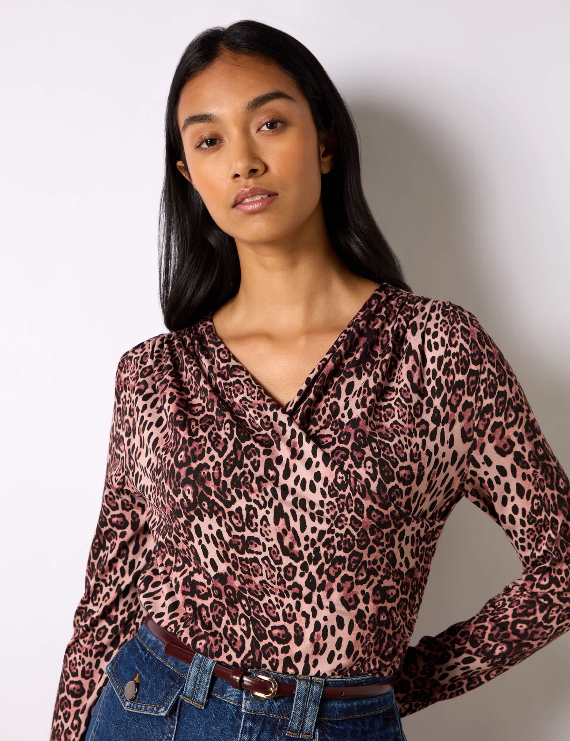 Ro&Zo Women's Jersey Animal Print V-Neck Wrap Detail Top - 12REG - Pink Mix, Pink Mix