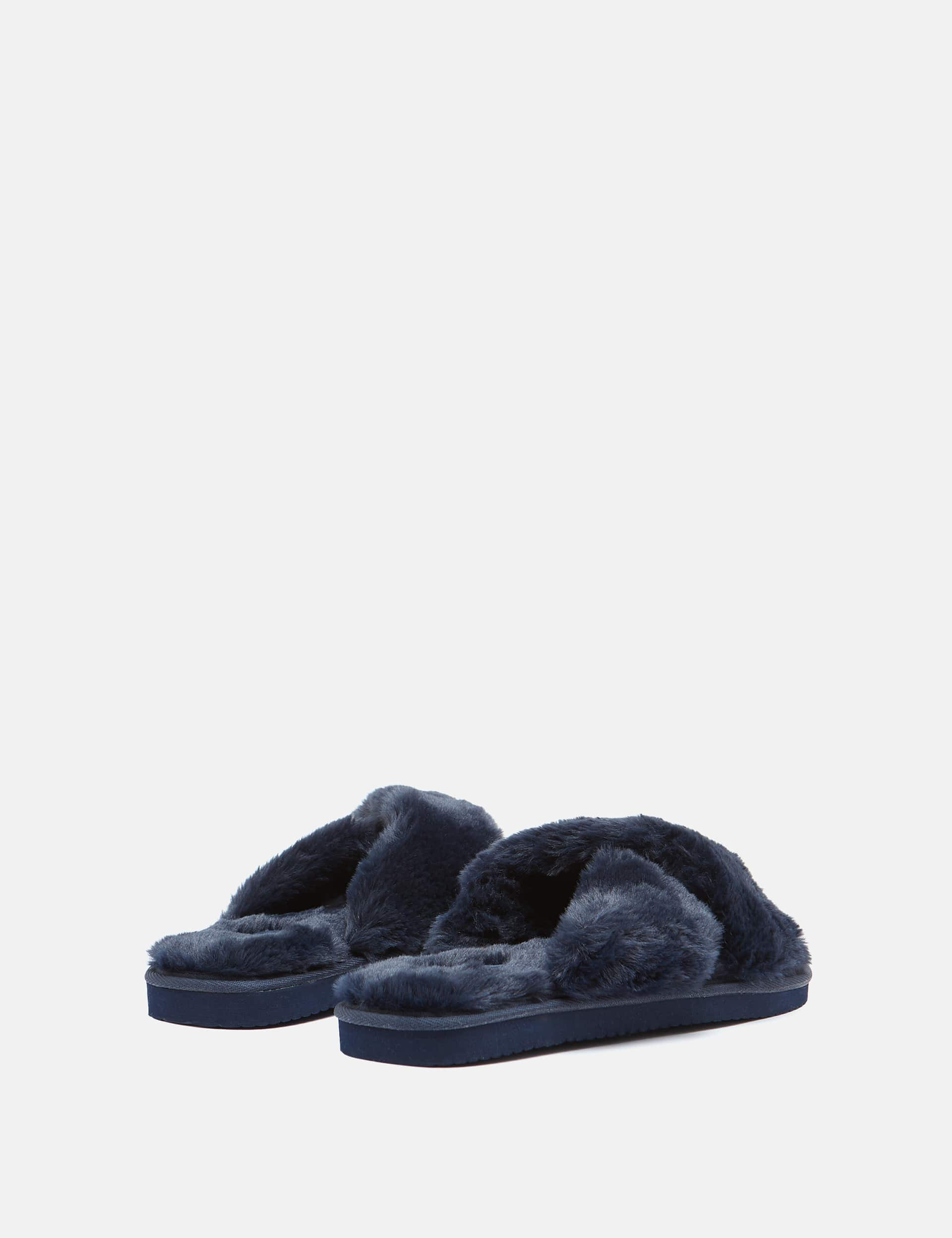 Joules Women's Faux Fur Crossover Open Toe Slippers - Navy, Navy