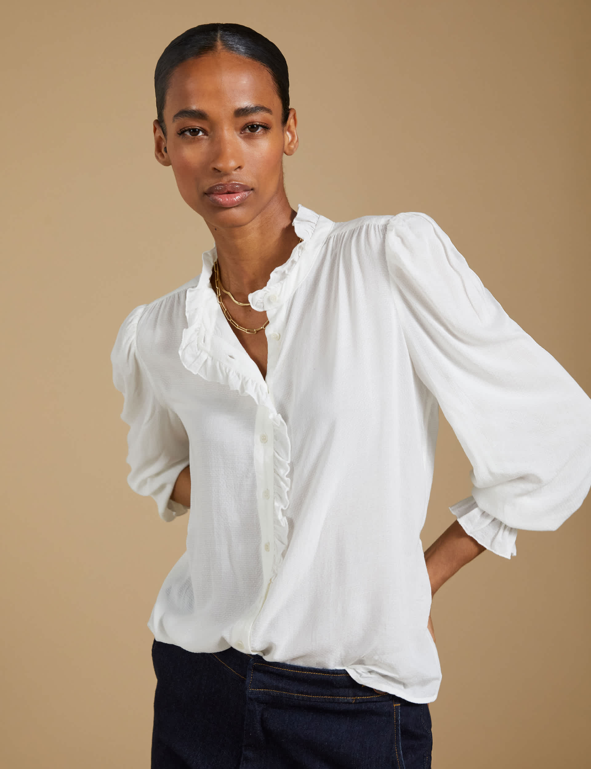 Baukjen Women's High Neck Frill Detail Button Through Blouse