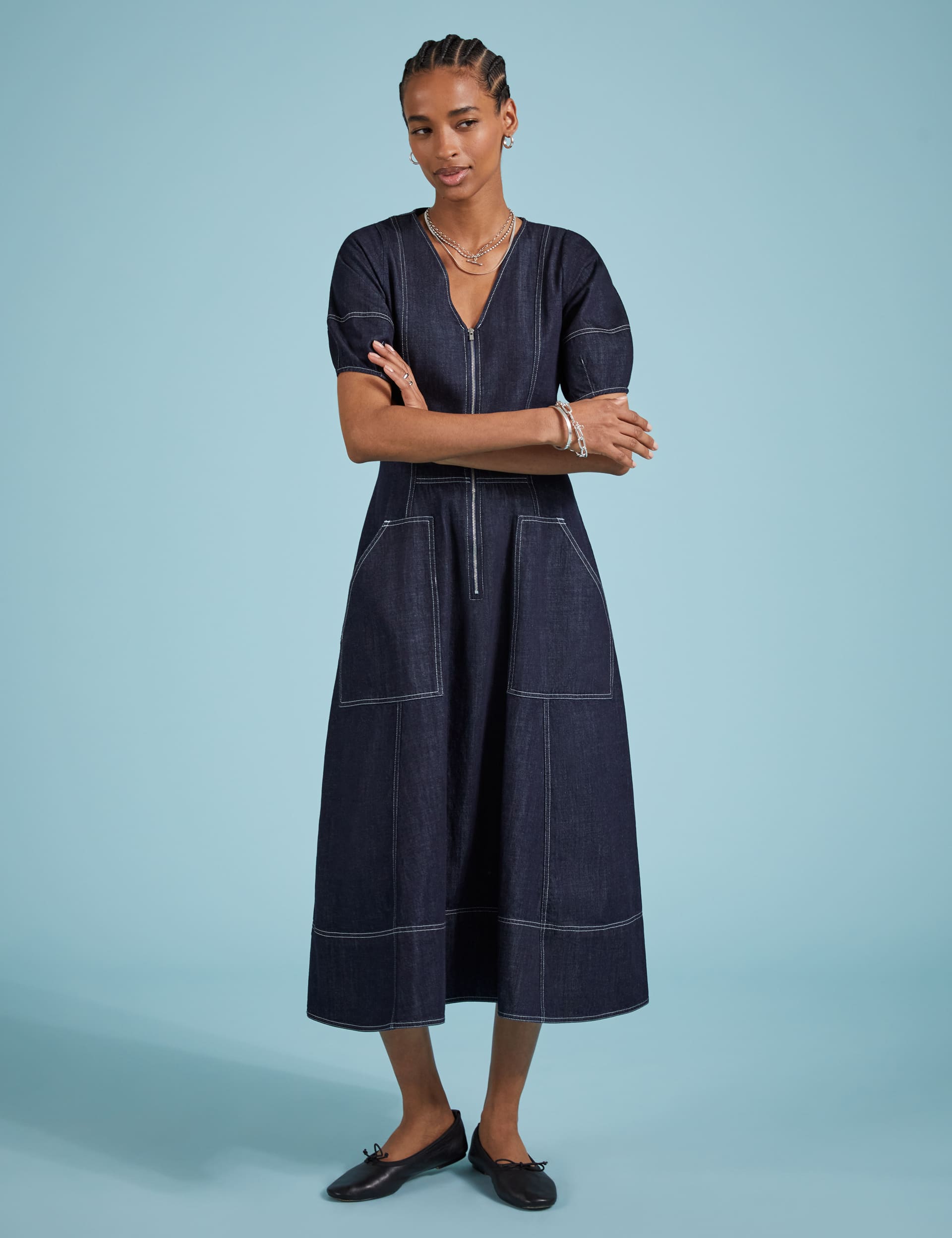 Baukjen Women's Denim V-Neck Midi Skater Dress