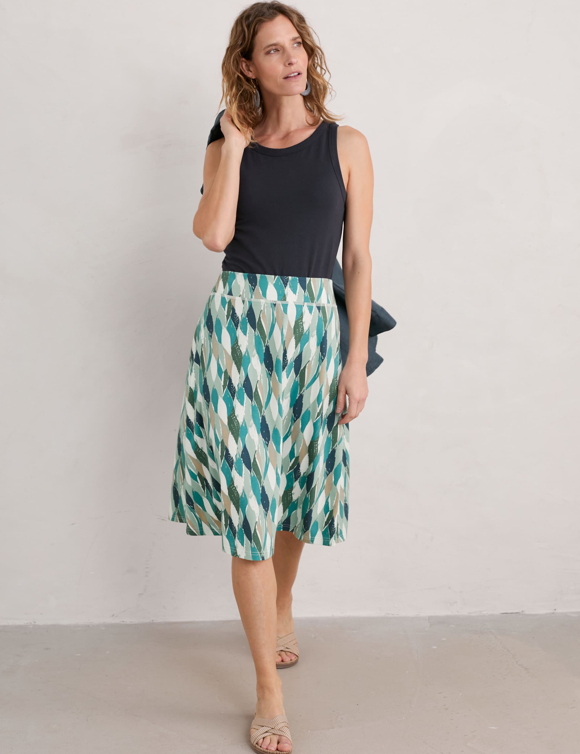 Seasalt Cornwall Women's Cotton Rich Printed Knee Length A-Line Skirt - 26-28 - Green Mix, Green Mix