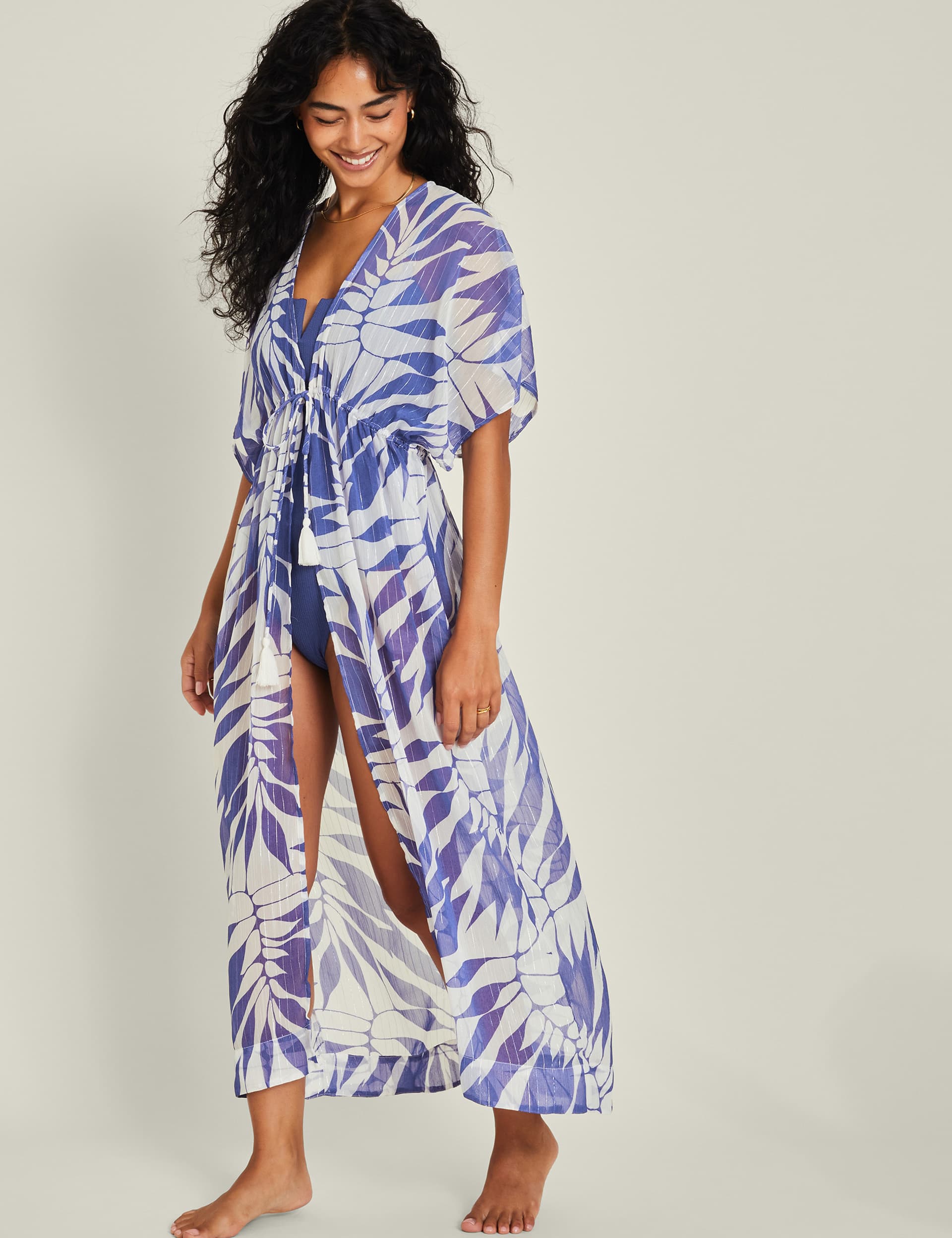 Accessorize Women's Leaf Print Tie Waist Beach Cover Up Kaftan - XS - Blue Mix, Blue Mix