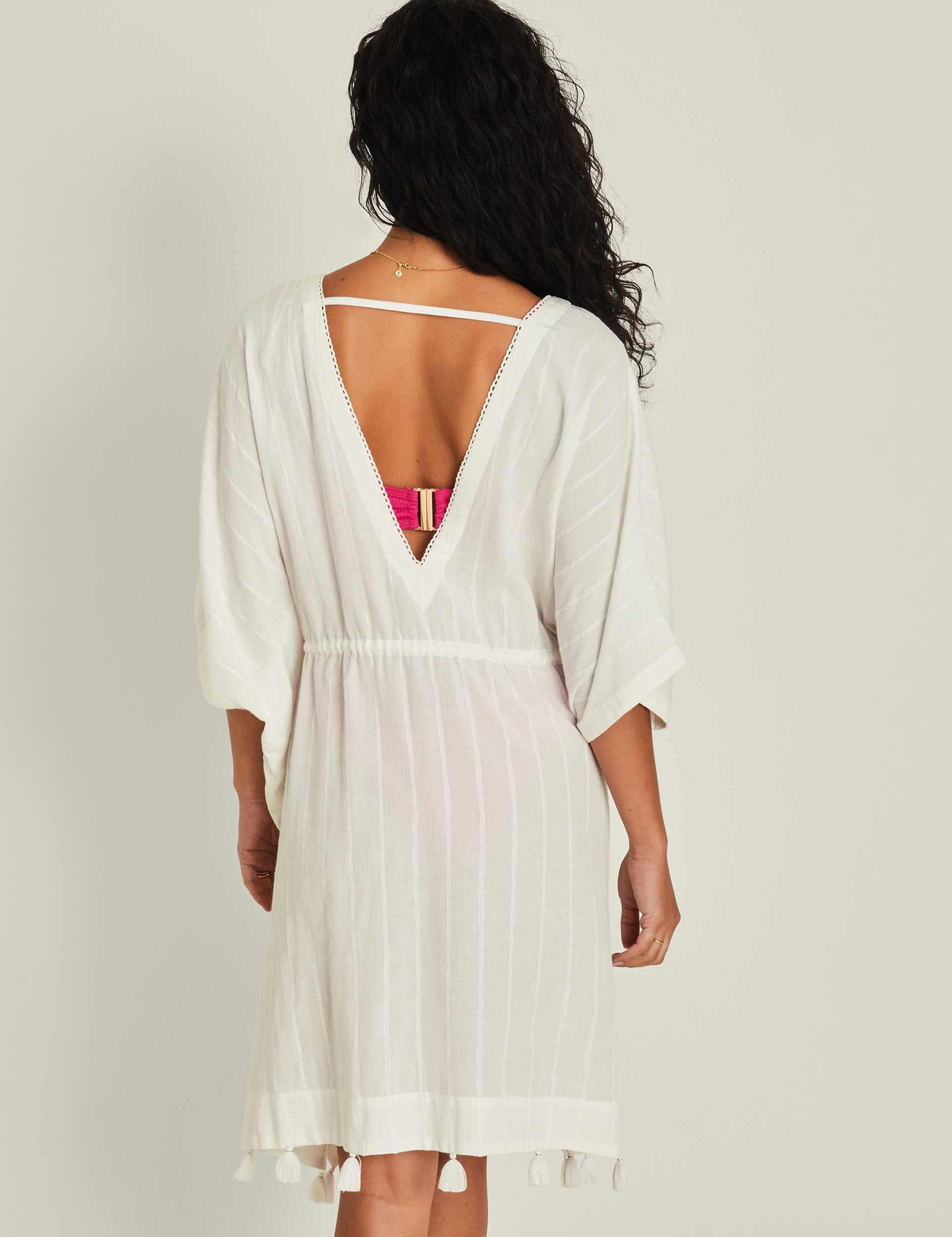 Accessorize Women's Striped Tie Waist Beach Cover Up Kaftan - M - White, White